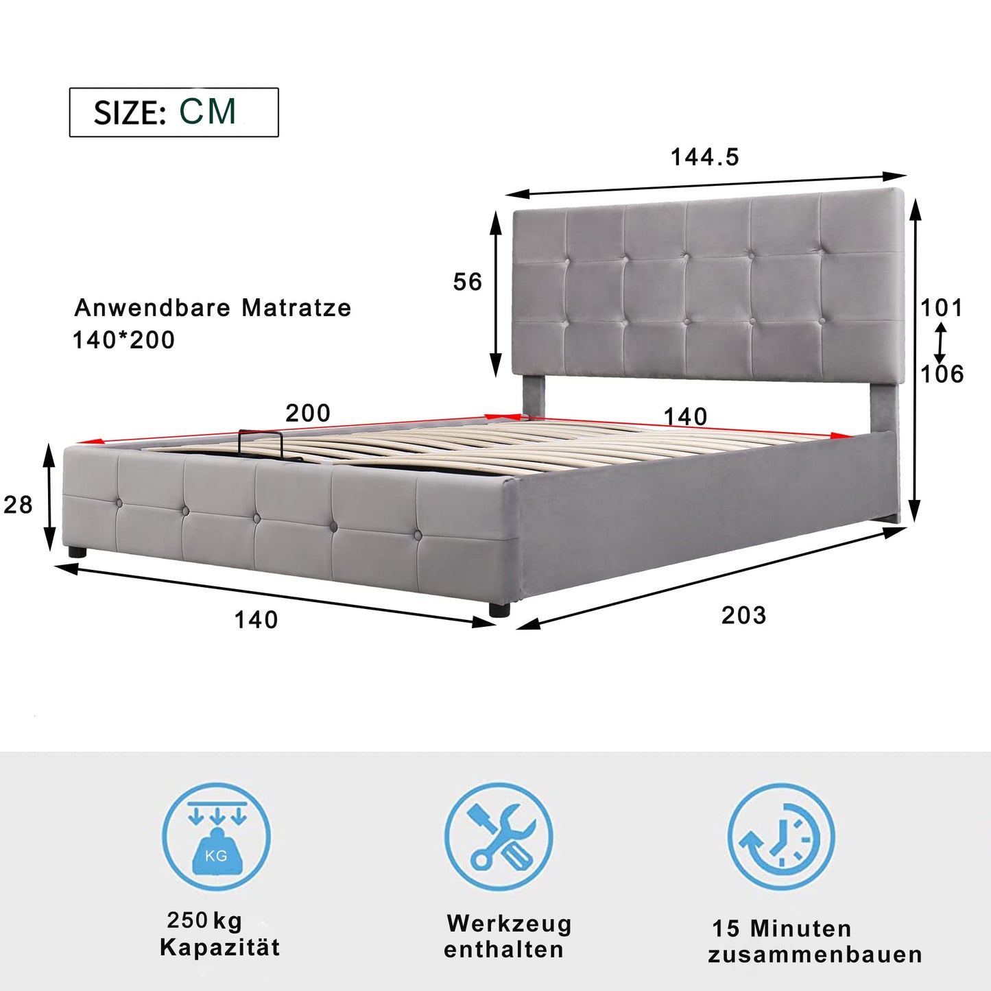 Gegtuon Upholstered Bed 140 x 200 cm, Double Bed with Headboard, Storage Bed Youth Bed with Hydraulic Storage Space Underbed, Functional Bed, Guest Bed, Bed Frame, Slatted Frame, Without Mattress,
