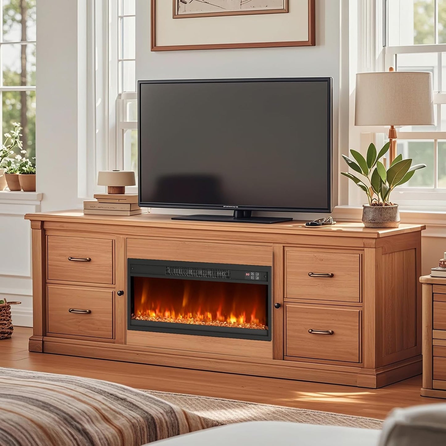 COSTWAY Electric Fireplace with Heating 1500 W, Electric Wall Fireplace with Remote Control, Overheating Protection, 5H Timer, Adjustable 3D Flame Effect and Brightness, 5000BTU Built-in Fireplace