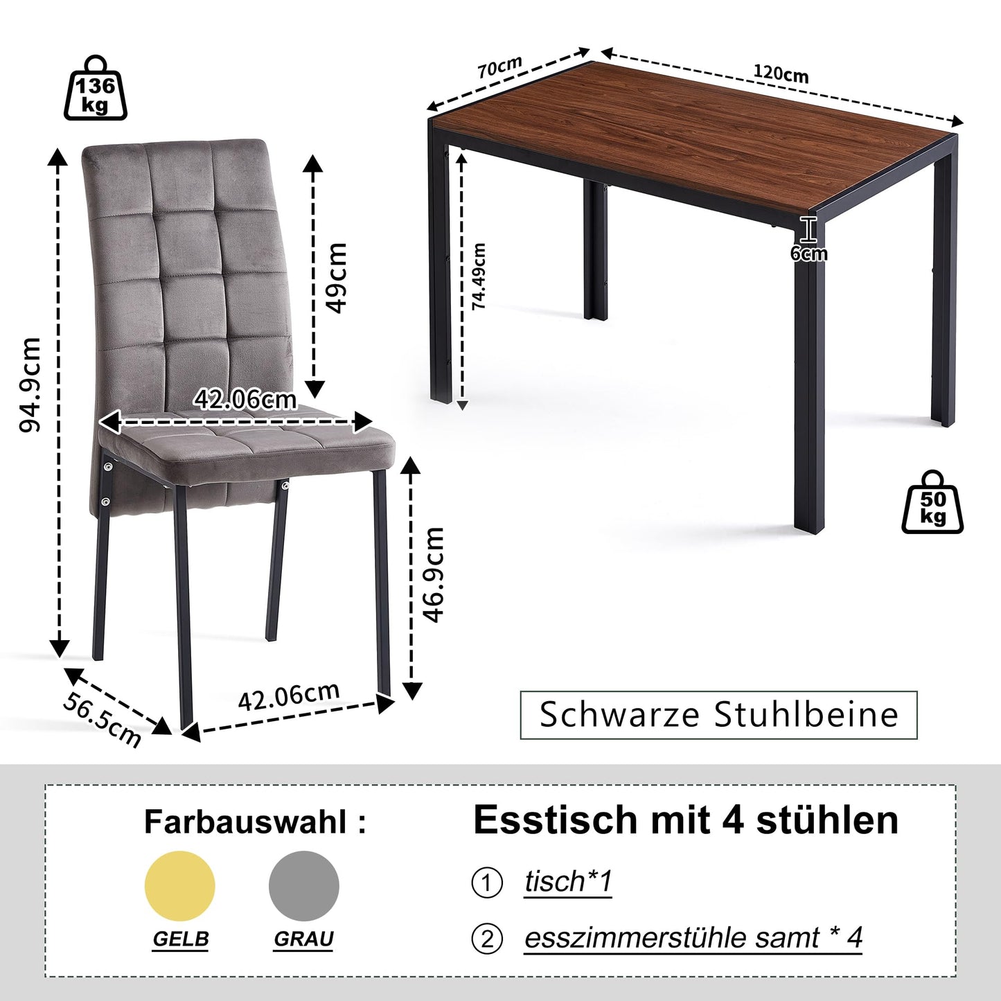 NORDICANA Dining Table with 4 Chairs Set, Dining Room Chairs Set of 4 and Rectangular Dining Table, Velvet Cover, Upholstered Chair, MDF Panels, Wooden Table, Suitable for Kitchen, Office, Balcony
