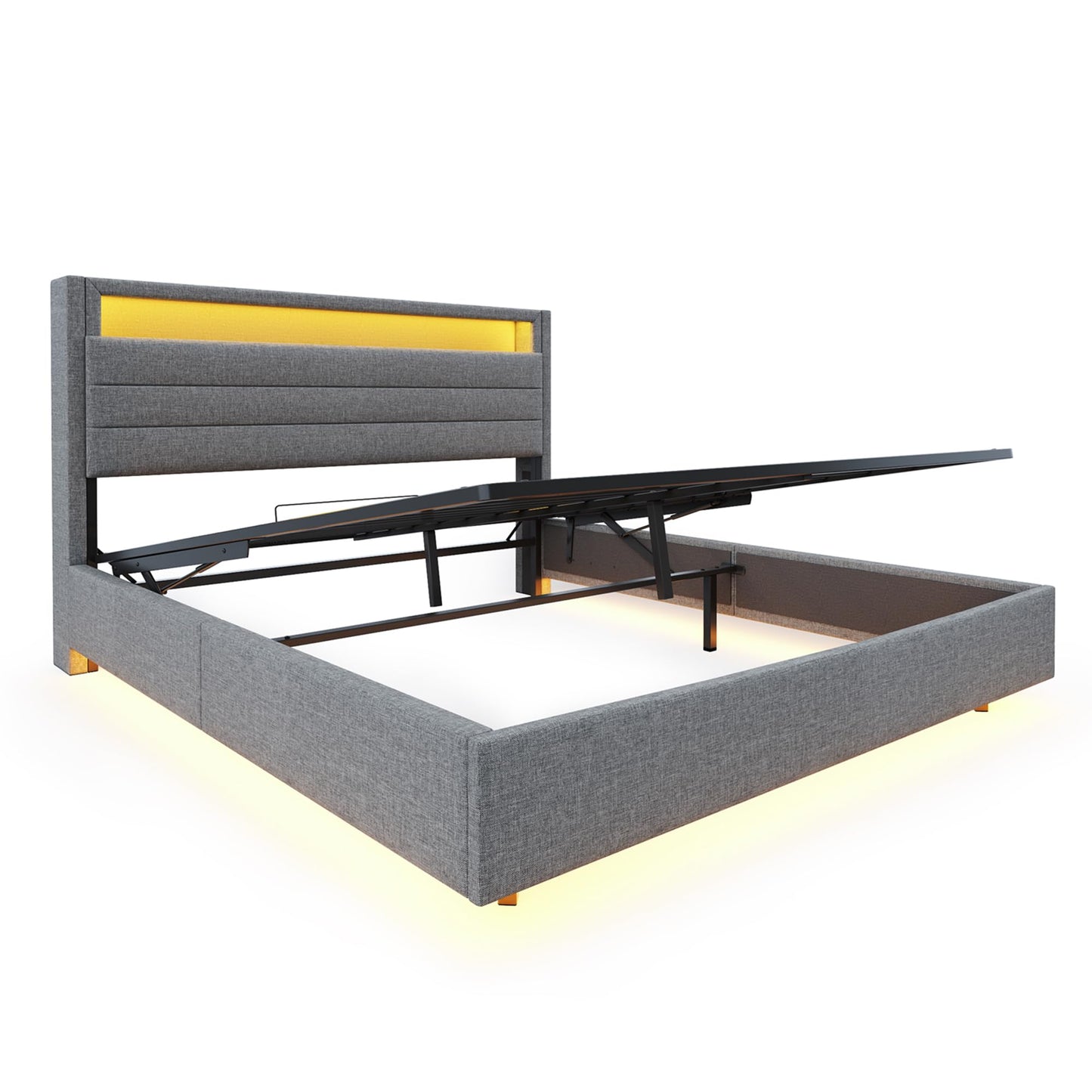 LAKFEW Upholstered Bed 140 x 200 cm, Double Bed Functional Bed with USB Socket and LED Lighting, Hanging Bed Headboard with Concealed Storage Space, Bed Frame Bed with Slatted Frame, Linen, Without