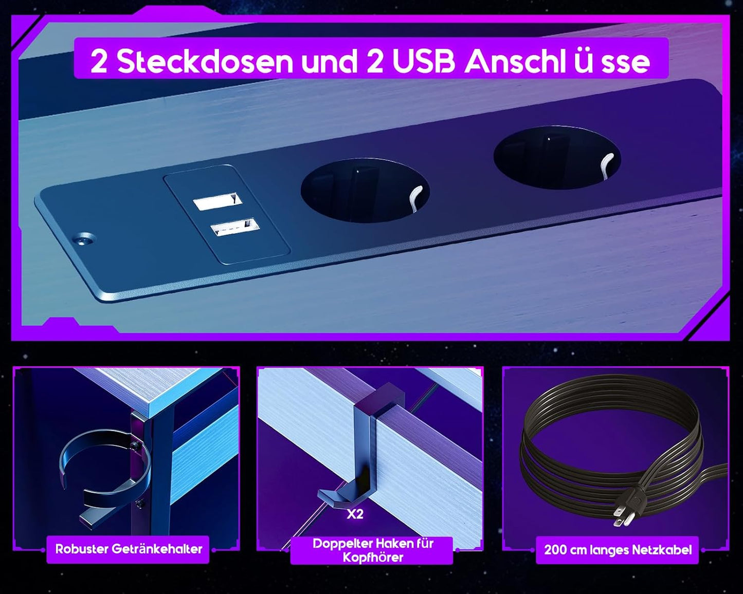 ODK Gaming Tisch mit LED, Gaming Schreibtisch mit 2 Steckdosen und 2 USB Ladeanschluss, PC Tisch Gaming mit großzügiger Monitorablage, Gamer Schreibtisch in Kohlefaser Weiß, 129x129 cm