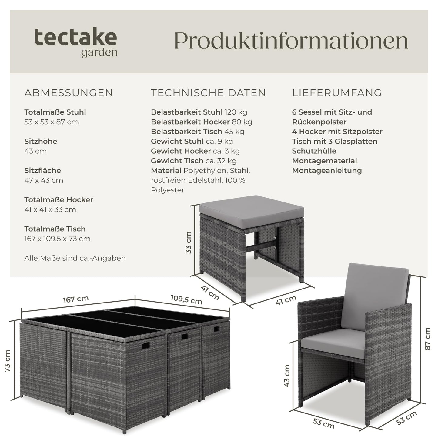 tectake® Outdoor Balcony Garden Furniture Set, Lounge with 6 Chairs, 4 Stools and 1 Table, Poly Rattan Wicker, Weatherproof, Space-Saving - Grey