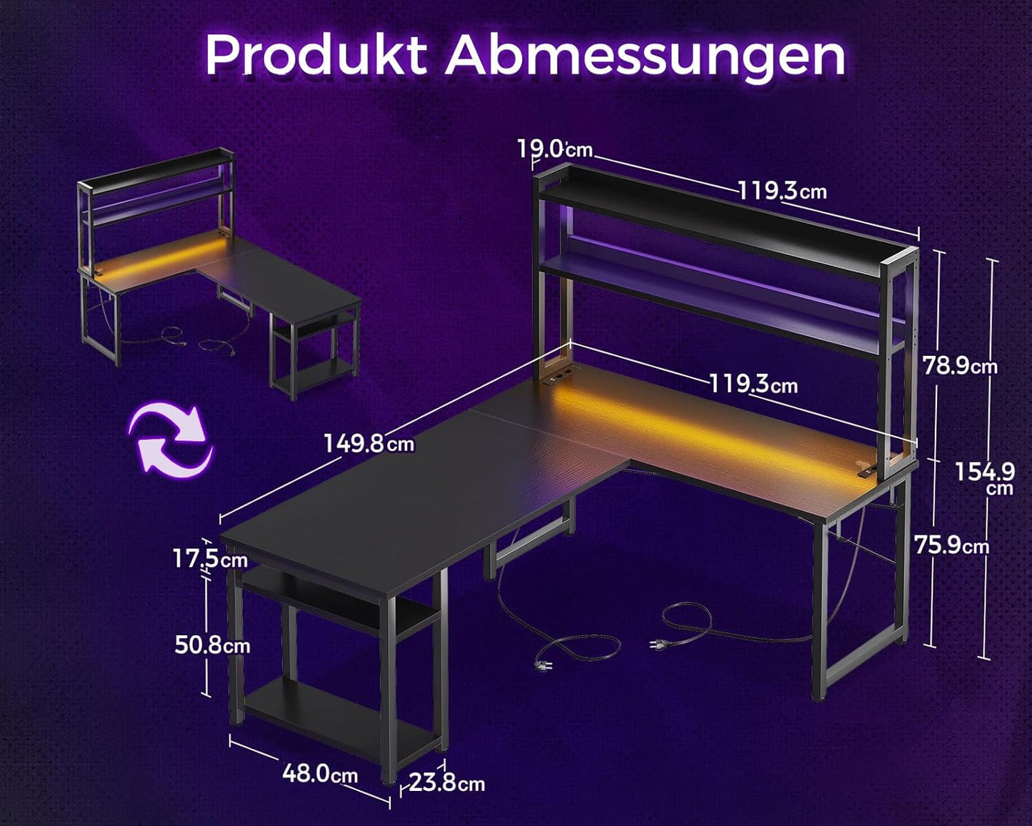 ODK Eckschreibtisch Weiß mit Stall, 150×120 cm Reversibel Gaming Tish L Form mit LED, Computertisch mit USB-Ladeanschluss&Steckdose, Gaming Schreibtisch für das Heimbüro