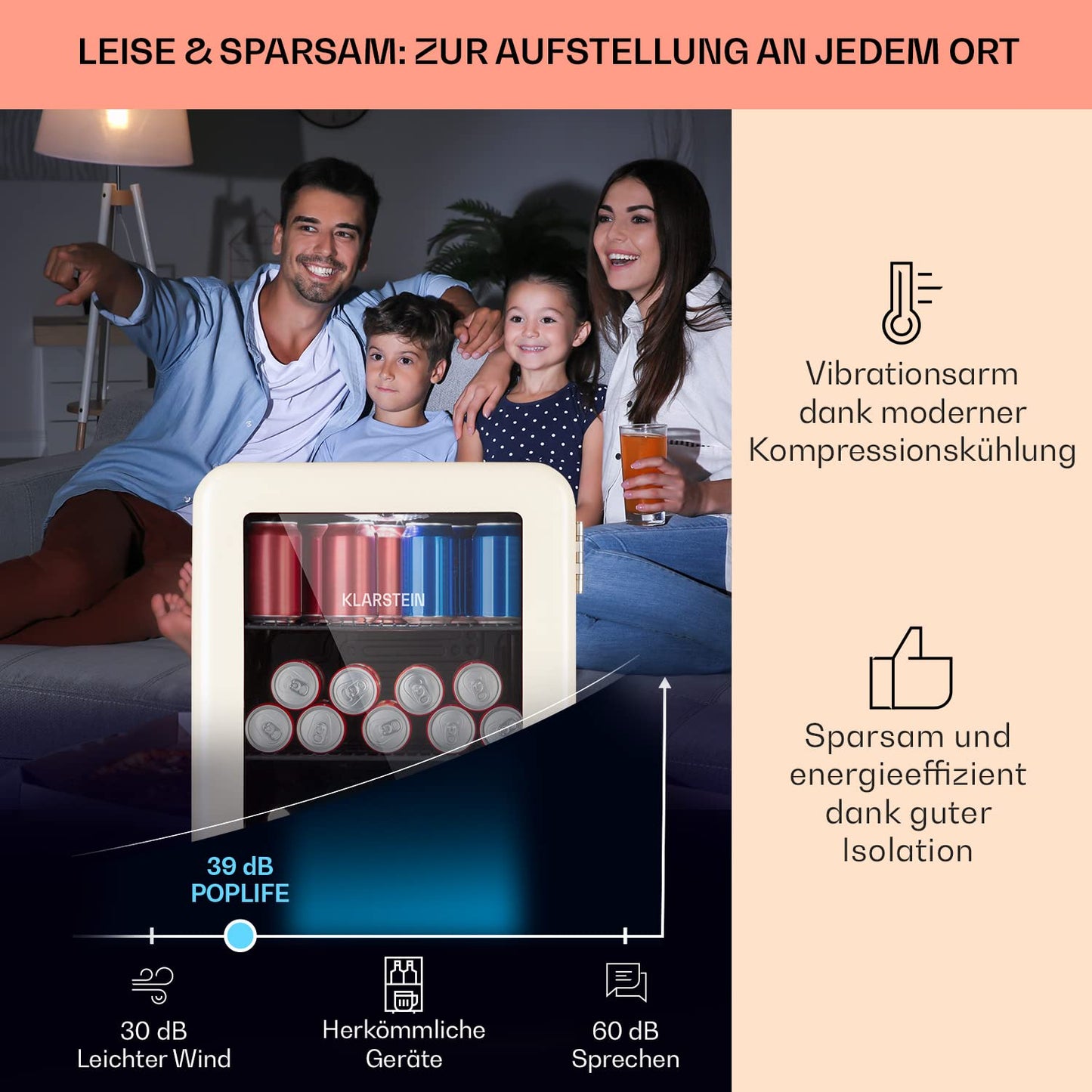 Klarstein PopLife Getränkekühler - Mini-Bar, Retrokühlschrank, 0-10°C, nur 39 dB, 115 L, umweltfreundlich, doppelt verglaste Tür, Retro-Design, rot