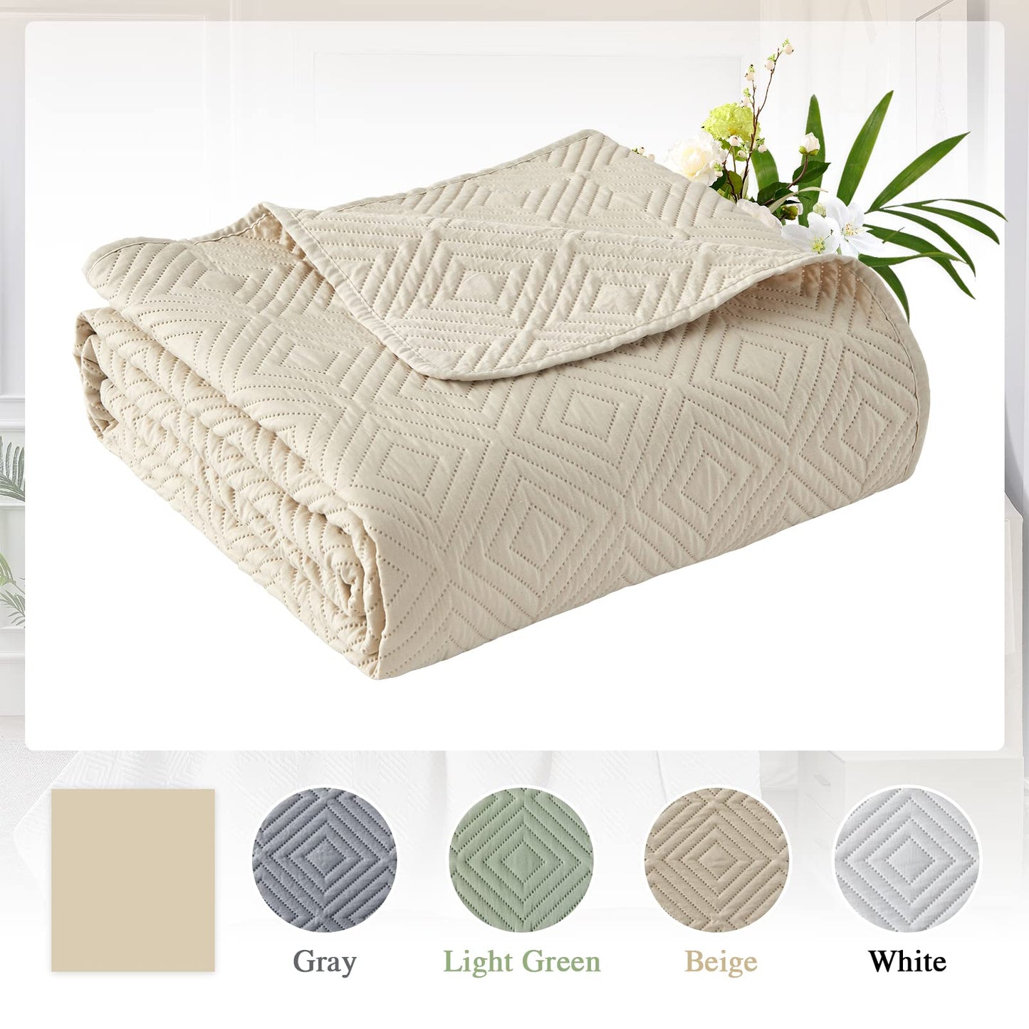 Qucover Tagesdecke Bettüberwurf 220x240cm Grün, Bedspreads aus Mikrofaser, Bettüberwuf Set mit 2 Kissenbezügen 50x75cm,Steppdecke bei 3D-Ultraschal genäht, Sofaüberwurf Bettüberwurf Überwurfdecke