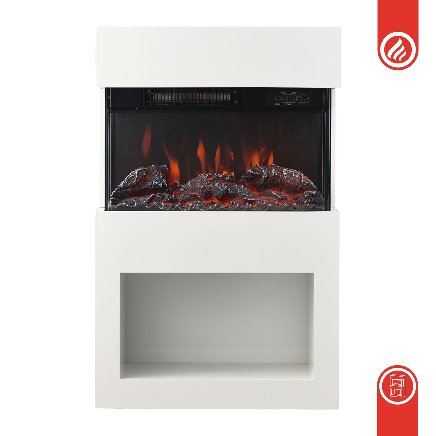 KAMINIO Henri Electric Fireplace with Heater, 3D Flame Effect, Wooden Compartment, Remote Control (White)