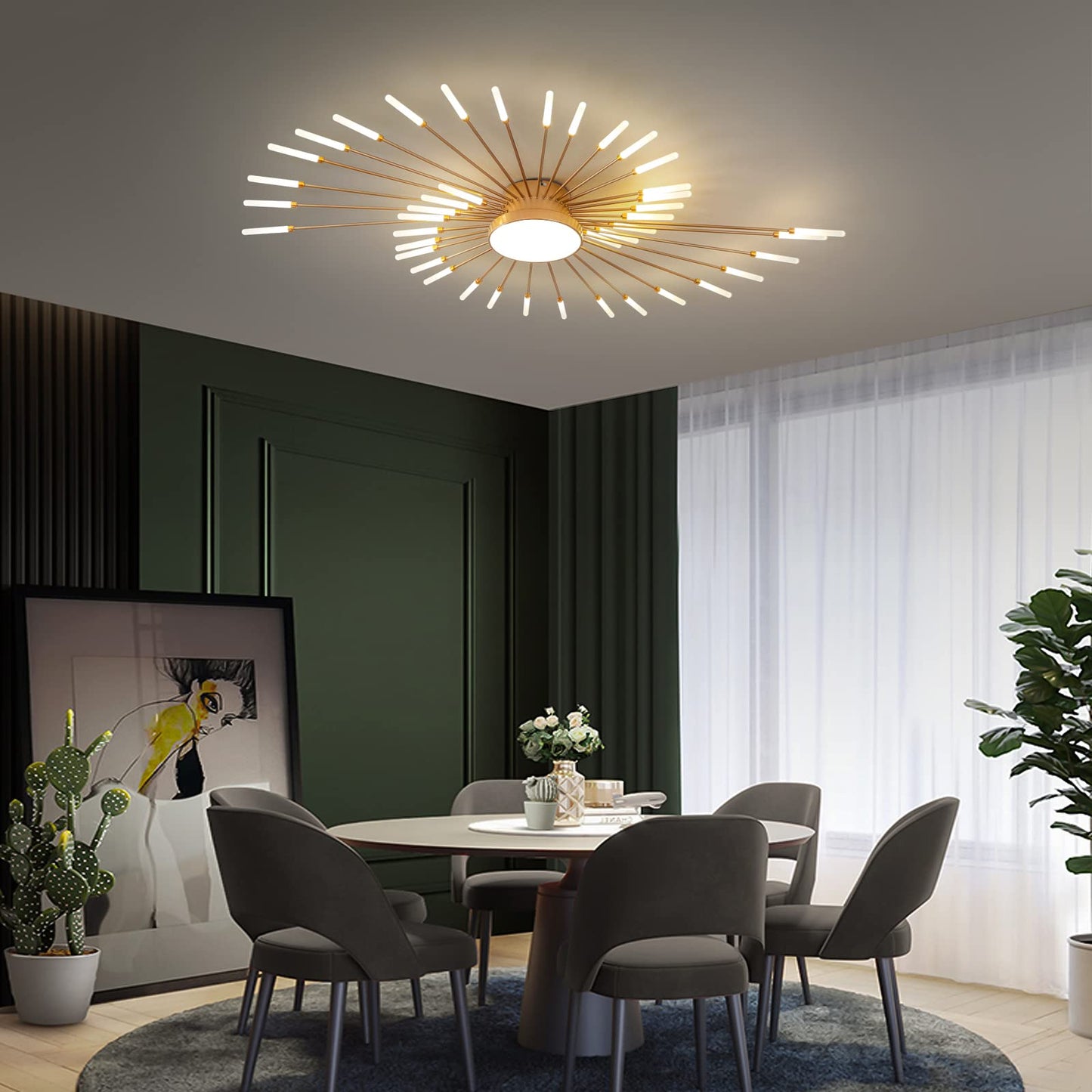 minifair Moderne LED-Deckenleuchte, 12 + 1 Köpfe, halbbündige Deckenleuchte, goldene Kronleuchter, Deckenbeleuchtung für Schlafzimmer, Wohnzimmer, Küche, Esszimmer, Restaurant