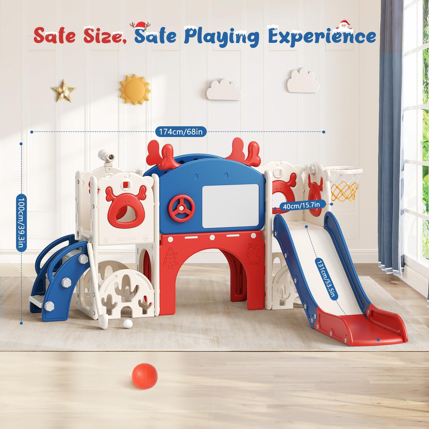 Krovtoy Kleinkindrutsche mit Weihnachtselch-Motiv, freistehende Kleinkindrutsche mit Golf-Set, Babyrutsche, Spielplatzgerät, für den Innen- und Außenbereich (Grau Beige - 6 in 1)