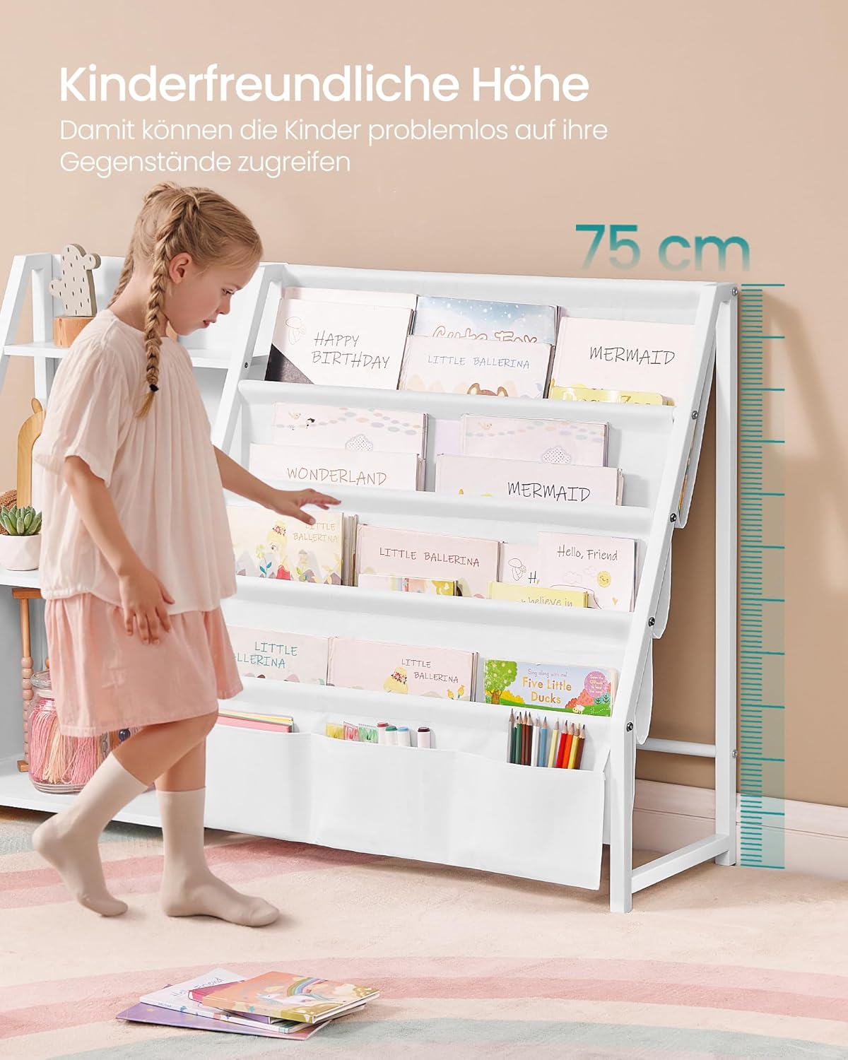 SONGMICS Bücherregal Kinder, Kinderregal, Spielzeugregal, Bücher-Organizer, mit Seitentasche, 75 cm hoch, für Kinderzimmer, Spielzimmer, weiß GKR024W01