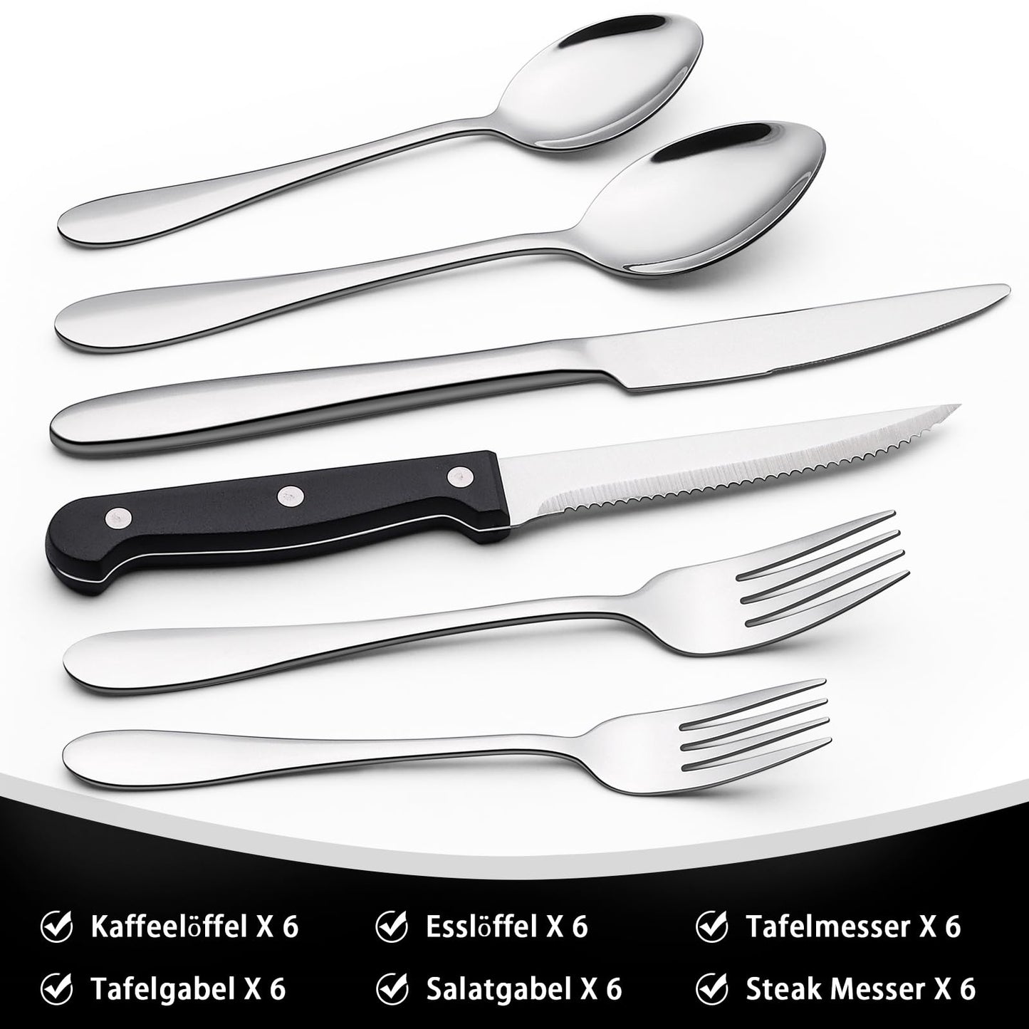 Terlulu 36 teiliges Edelstahl Besteckset mit Steakmesser, Besteck Set 6 Personen, Elegantes Essbesteck Set mit Messer Gabel Löffel, Tafelbesteck für Haus/Party/Restaurant, Spülmaschinenfest