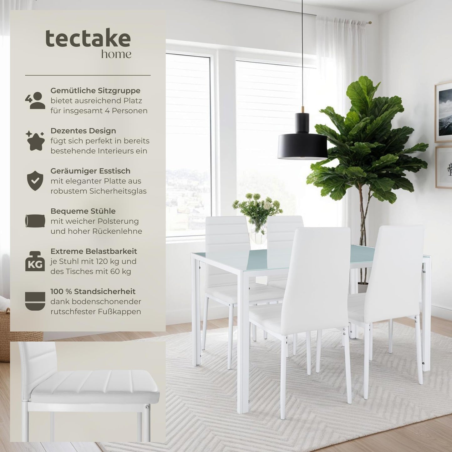 tectake Dining Set Table and Chairs, Dining Table and 4 x Chairs, Durable Faux Leather, Safety Glass Table Top, Modern Kitchen Chairs - Black