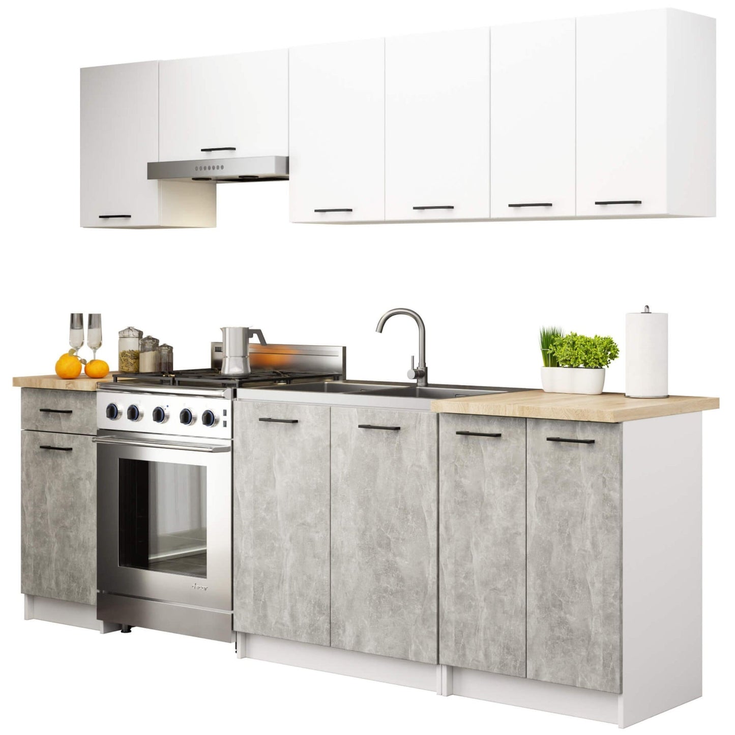 AKORD Küchenmöbel-Set OLIWIA 2.4m Modulares 240 cm 11 Türen 1 Schublade, Küche Komplett, Kitchen Cabinet Set, Küchenschränke, Standschränke, B240xH203xT46 cm, Beton & Beton