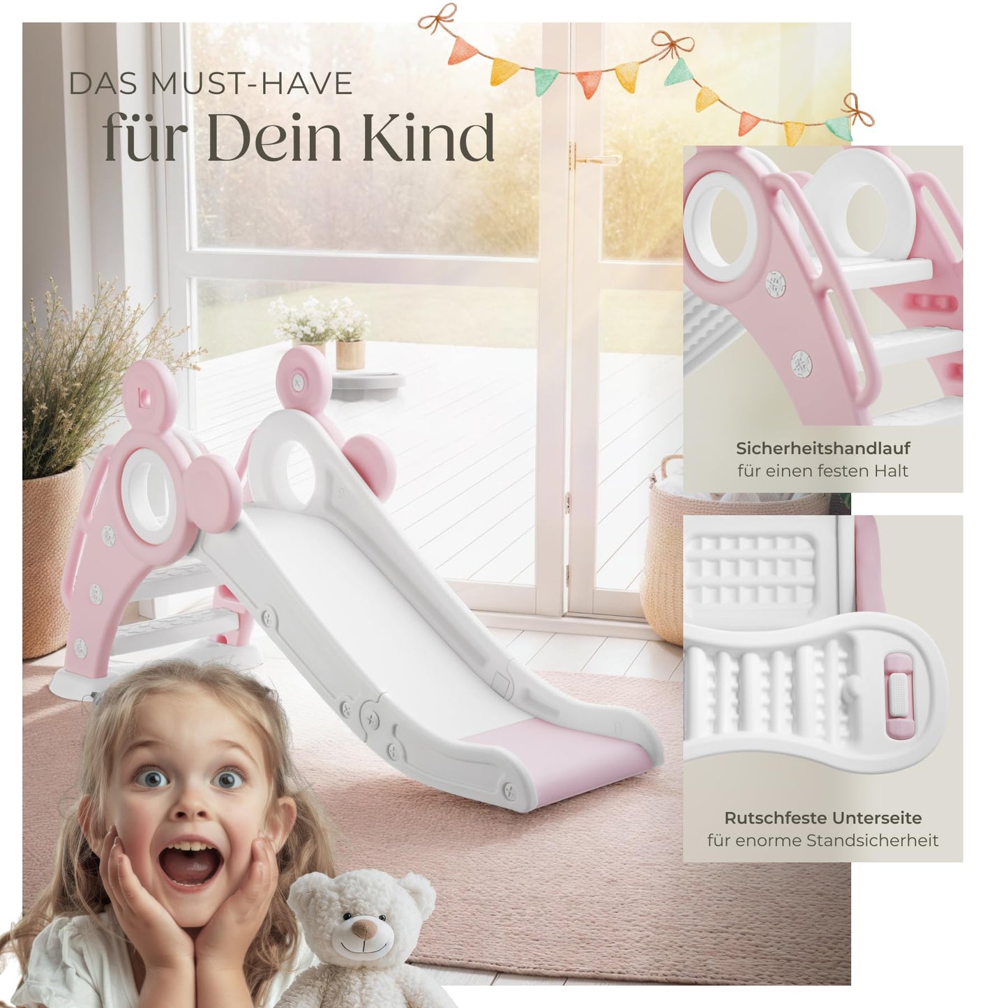 tectake® Rutsche mit Basketballkorb, Kinderrutsche, Baby Rutsche klappbar, für Kinder ab 2 Jahre, Spielgeräte zum Klettern und Bewegung Kinder Indoor und Outdoor Spielzeug, Indoor Spielplatz - pink