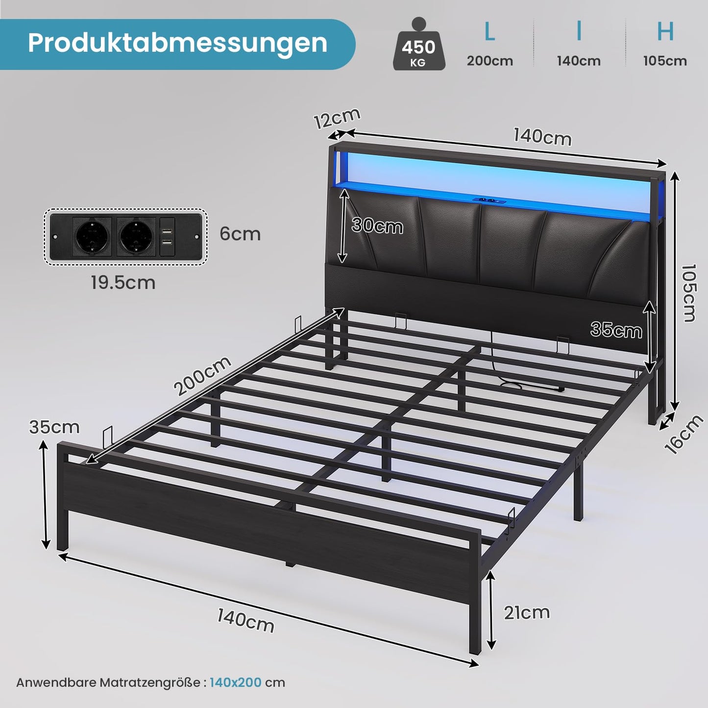Brinlawb Bed 140 x 200 cm with Metal Slatted Frame, Bed Frame 140 x 200 cm with LED Lighting, Metal Bed 140 x 200 cm with Headboard and Charging Station (2 AC Sockets, 2 USB Ports), Youth Bed, Double