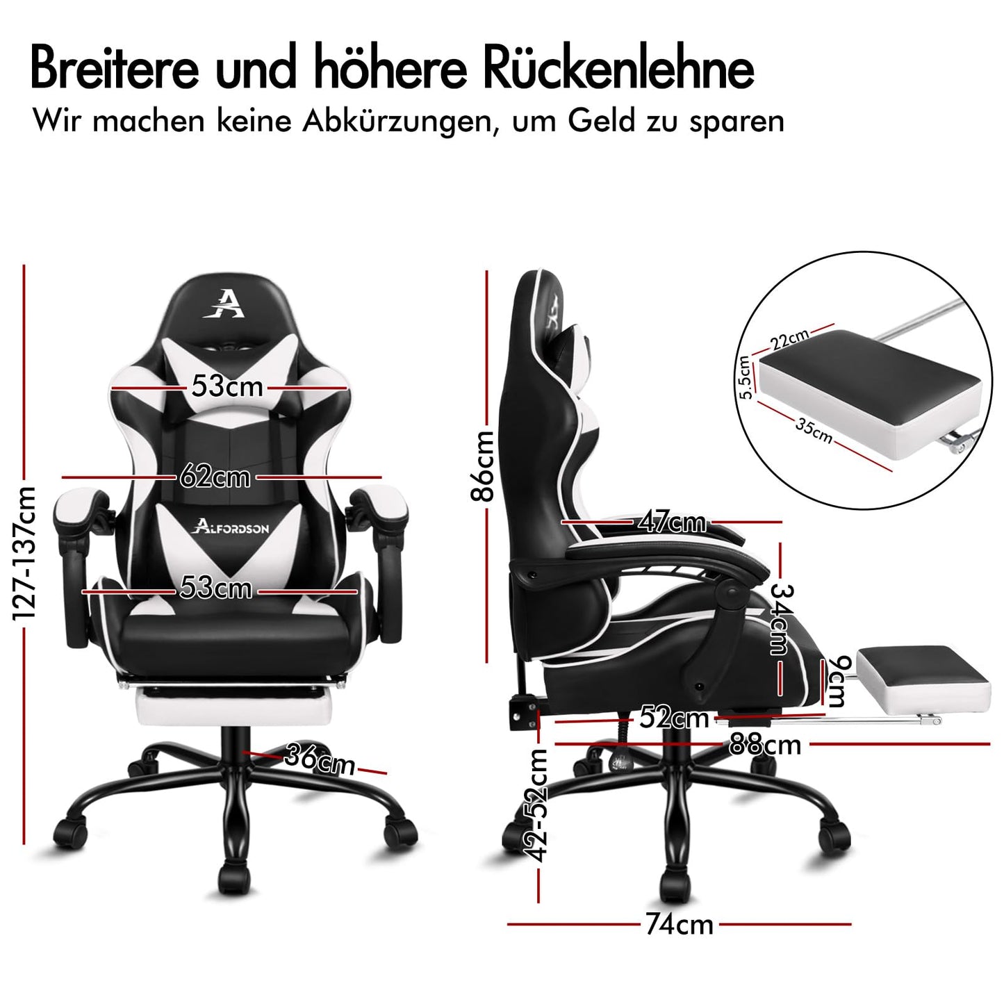 ALFORDSON Videospielstuhl, ergonomischer Bürostuhl, Massage-Rennstuhl, einziehbare Fußstütze, PU-Leder, höhenverstellbar und neigbar, 180 kg Tragkraft, Schwarz