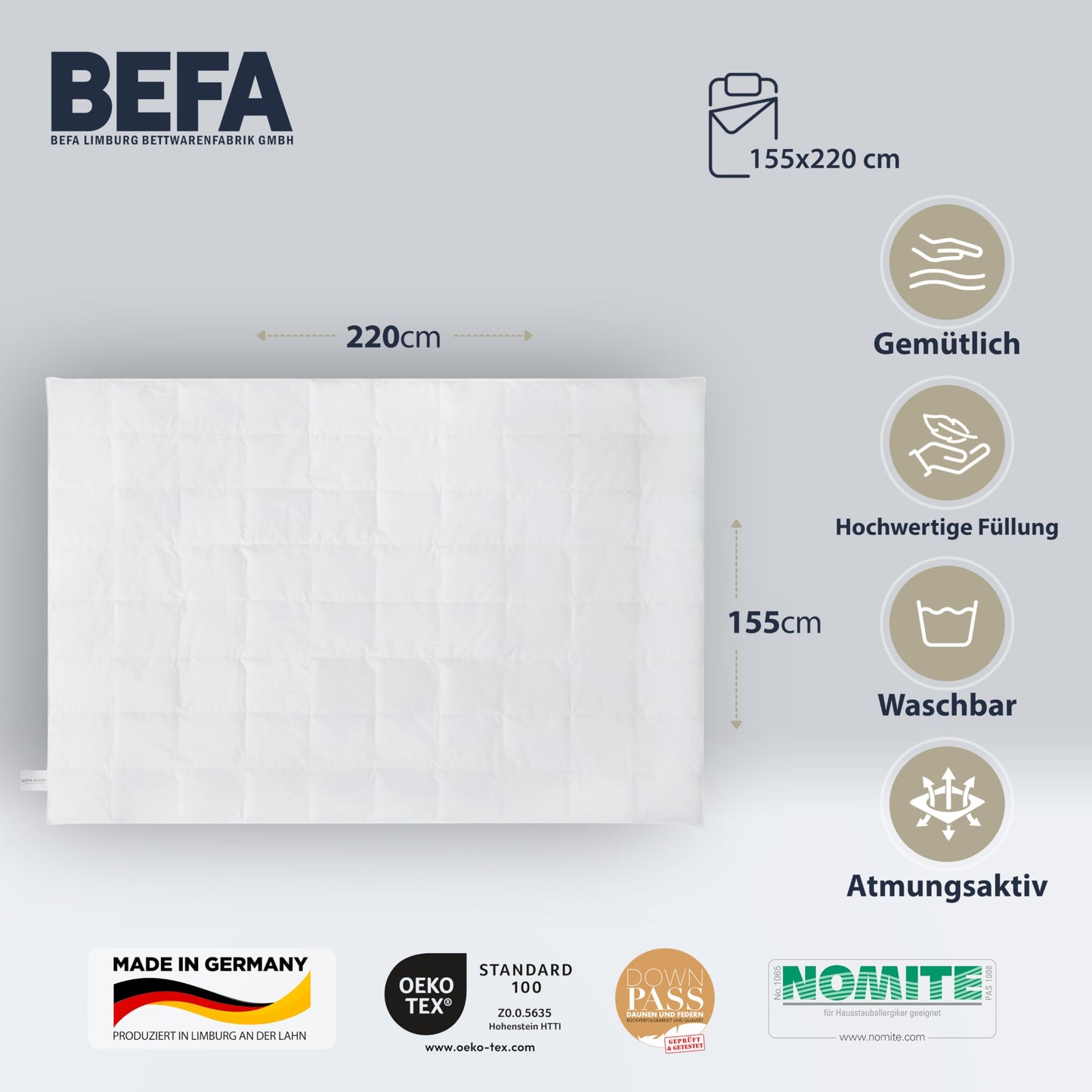 BEFA NATUR Down Duvet, Made in Germany, 135 x 200 cm, 90% Down and 10% Feathers, Summer Duvet, Suitable for Allergy Sufferers (Nomite), Oeko-Tex 100 Class 1 Certified, EN Standard 12934, Downpass