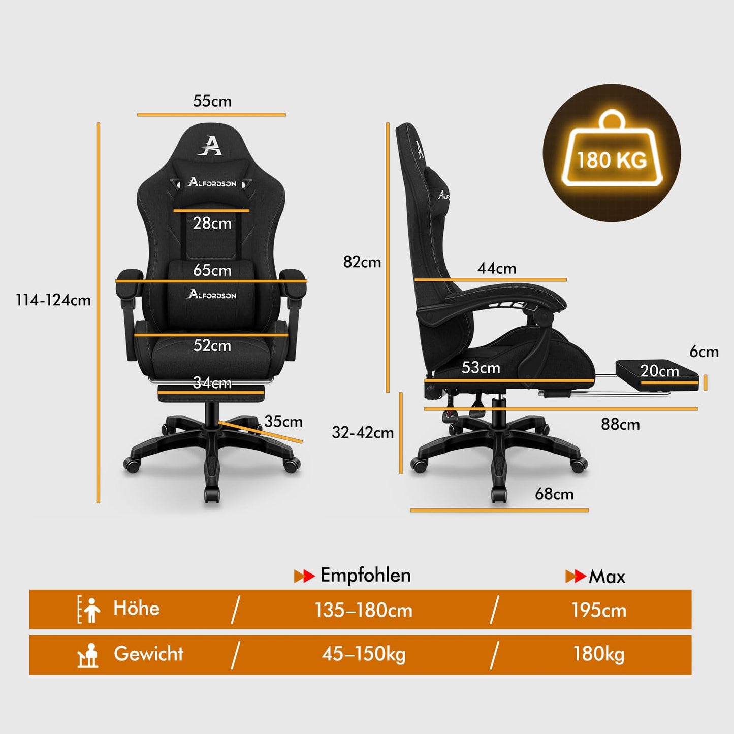 ALFORDSON Gaming-Stuhl mit Massage-Lendenwirbelkissen, ergonomischer Gamer-Racer-Stuhl mit Verstellbarer Rückenlehne, Drehstuhl mit Fußstütze, höhenverstellbar, Schwarz