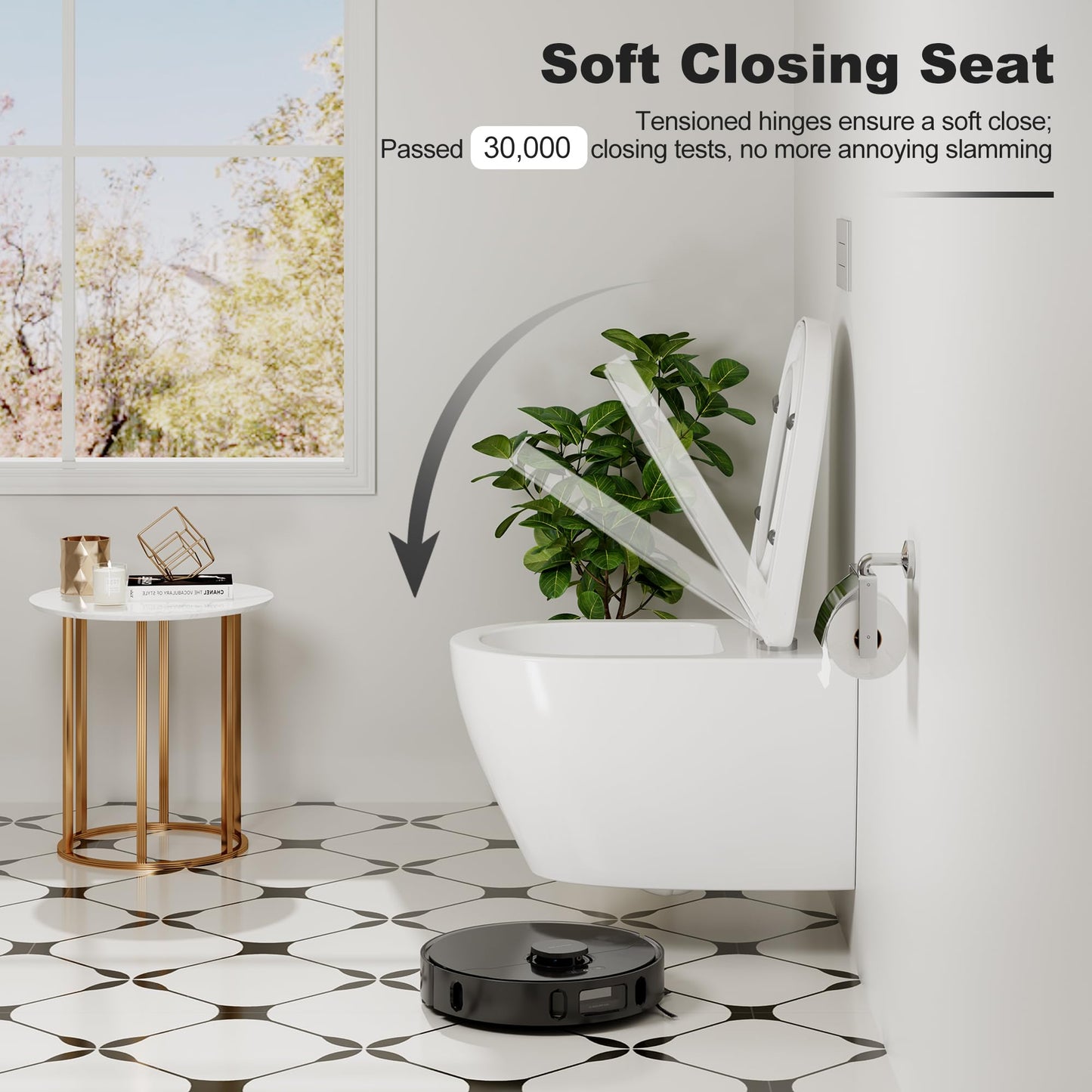 Hängend WC Spülrandlos Toilette, Wand-WC Set aus Keramik mit Toilettendeckel Abnehmbaren Absenkautomatik Effizienter Spültechnik Hängetoilette, D-Form,Lang 51cm, Weiß