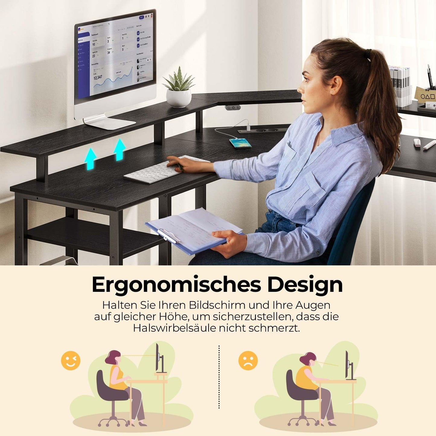 Rolanstar Schreibtisch L Form mit LED & Steckdosen, 117 cm Computertisch mit Monitorständer & Ablagefläche, Reversibler Eckschreibtisch mit 2 Haken, perfekt für Arbeitszimmer Schlafzimmer Büro