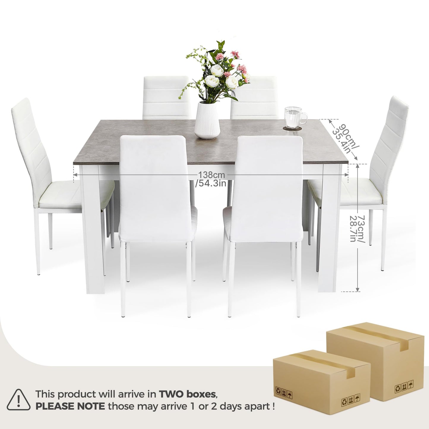 Mondeer Esstisch mit 6 Stühlen Set, Essgruppe mit Hochlehner Kunstleder Stuhl für Küche Esszimmer Wohnzimmer, W138 x D90 x H75 cm, Weiß und Grau