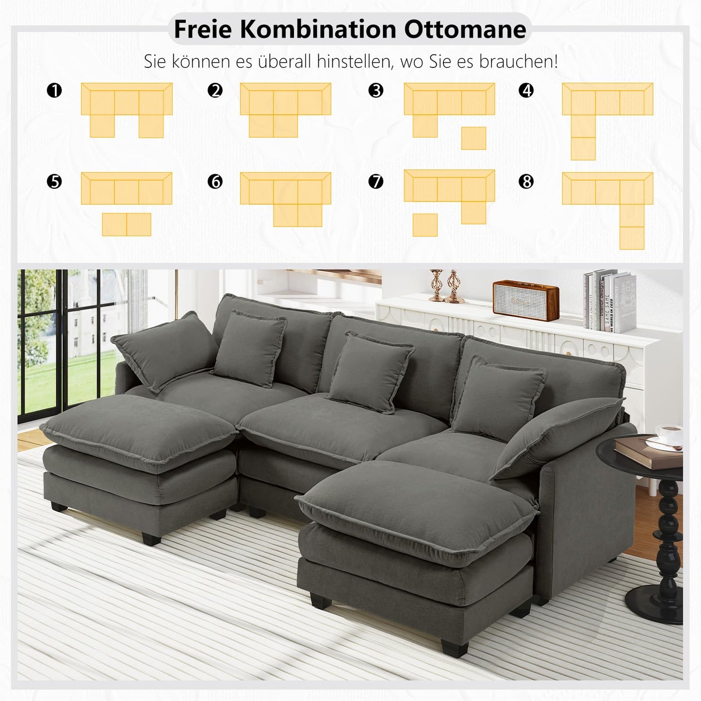 Urhanherry U-Shape Cloud Sofa, Modular Sectional Sofa, 6-Seater with 2 Ottomans, Modern Sofa with Decorative Cushions/Armrests, Breathable Chenille Fabric, U Sofa Couch for Living Room, Beige