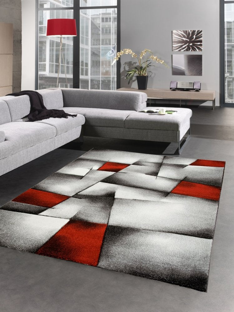 CARPETIA Modern Short Pile Living Room Rug Contour Cut Checked Abstract Grey Black White Turquoise Size 60 x 110 cm