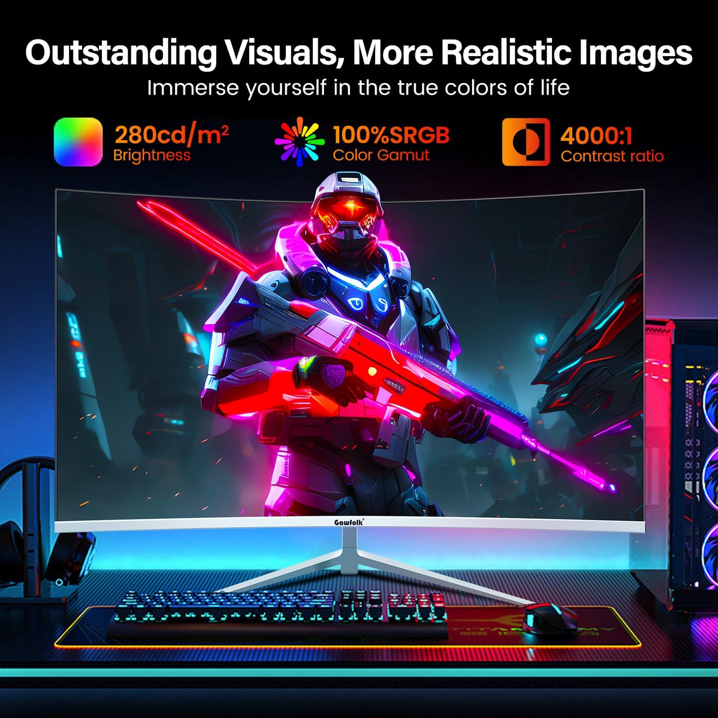 Gawfolk 32 Zoll Gaming Curved Monitor 180Hz, QHD 2560x1440p PC Bildschirm, Rahmenloses 1500R Gebogenes Computerbildschirm, FreeSync, DisplayPort & HDMI, unterstützt VESA 100 * 100mm
