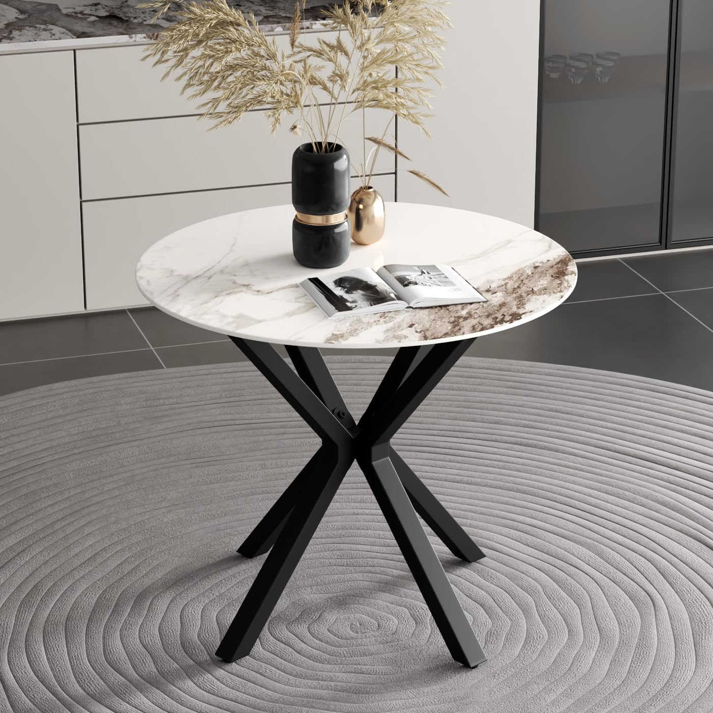 GOLDFAN Esstisch Rund Glas Moderner Küchentisch 80cm Runder Glas Esszimmertische mit Metallbeinen für Esszimmer Wohnzimmer Küche, Schwarz