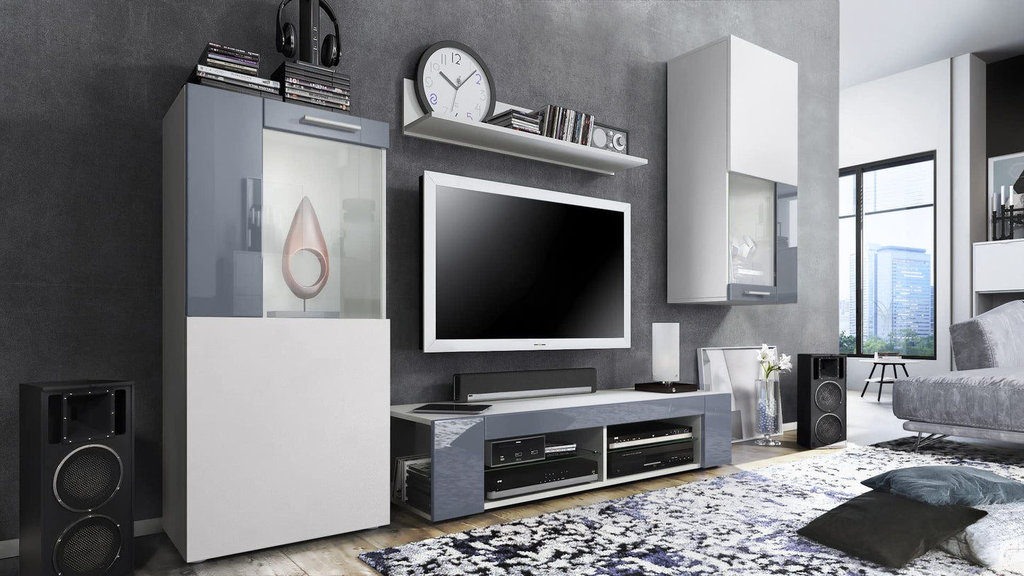 Vladon Wohnwand Movie, Anbauwand bestehend aus 1 TV-Board, 2 Vitrinen und 1 Regal, Weiß matt/Weiß matt/Weiß Hochglanz (Gesamt: 300 x 190 x 39 cm)