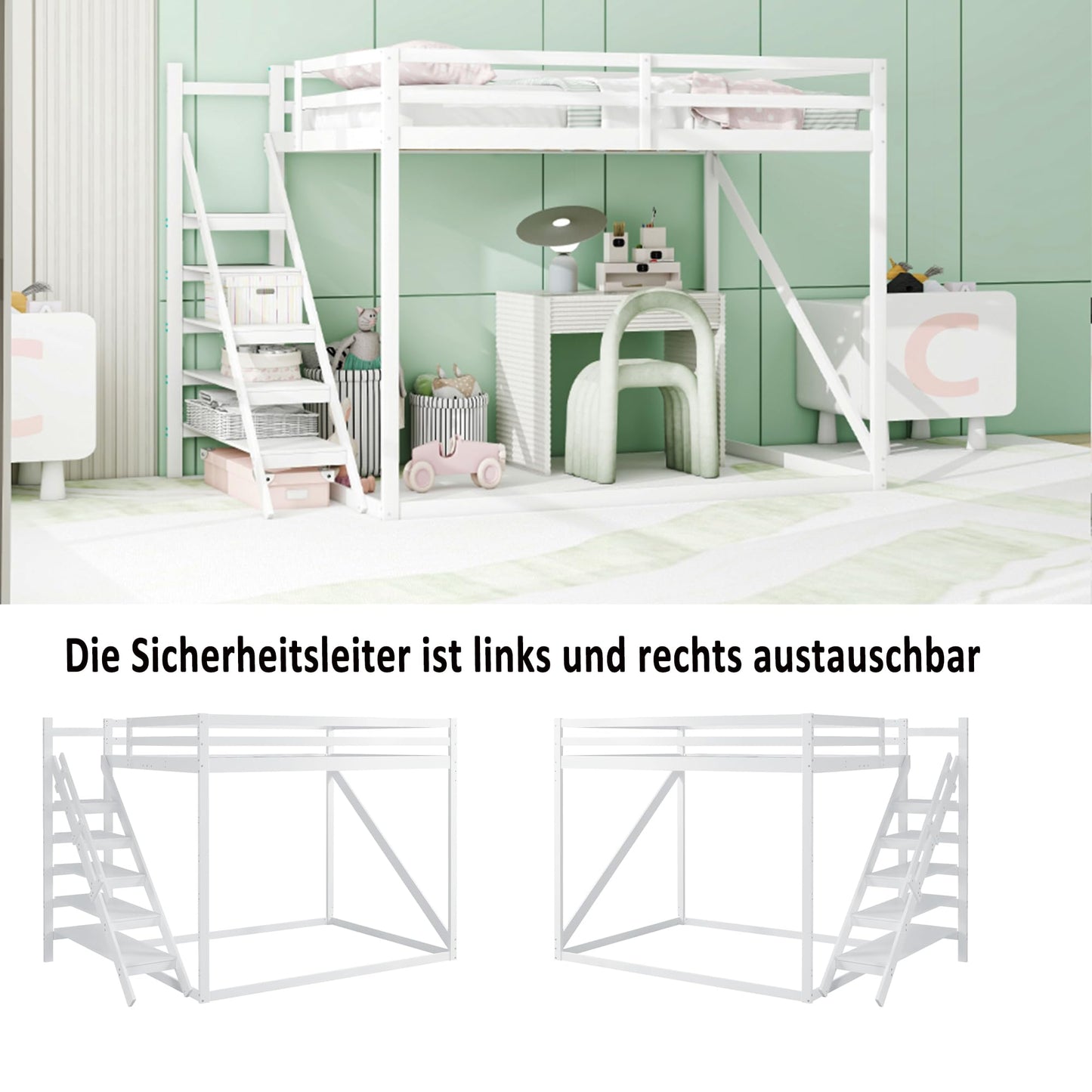 Merax Kinderbett 90x200 cm aus Holz, Multifunktionales Hochbett mit austauschbarer Treppe & Stauraum, Schubladen als Schreibtisch nutzbar, Weiß (Ohne Matratze)