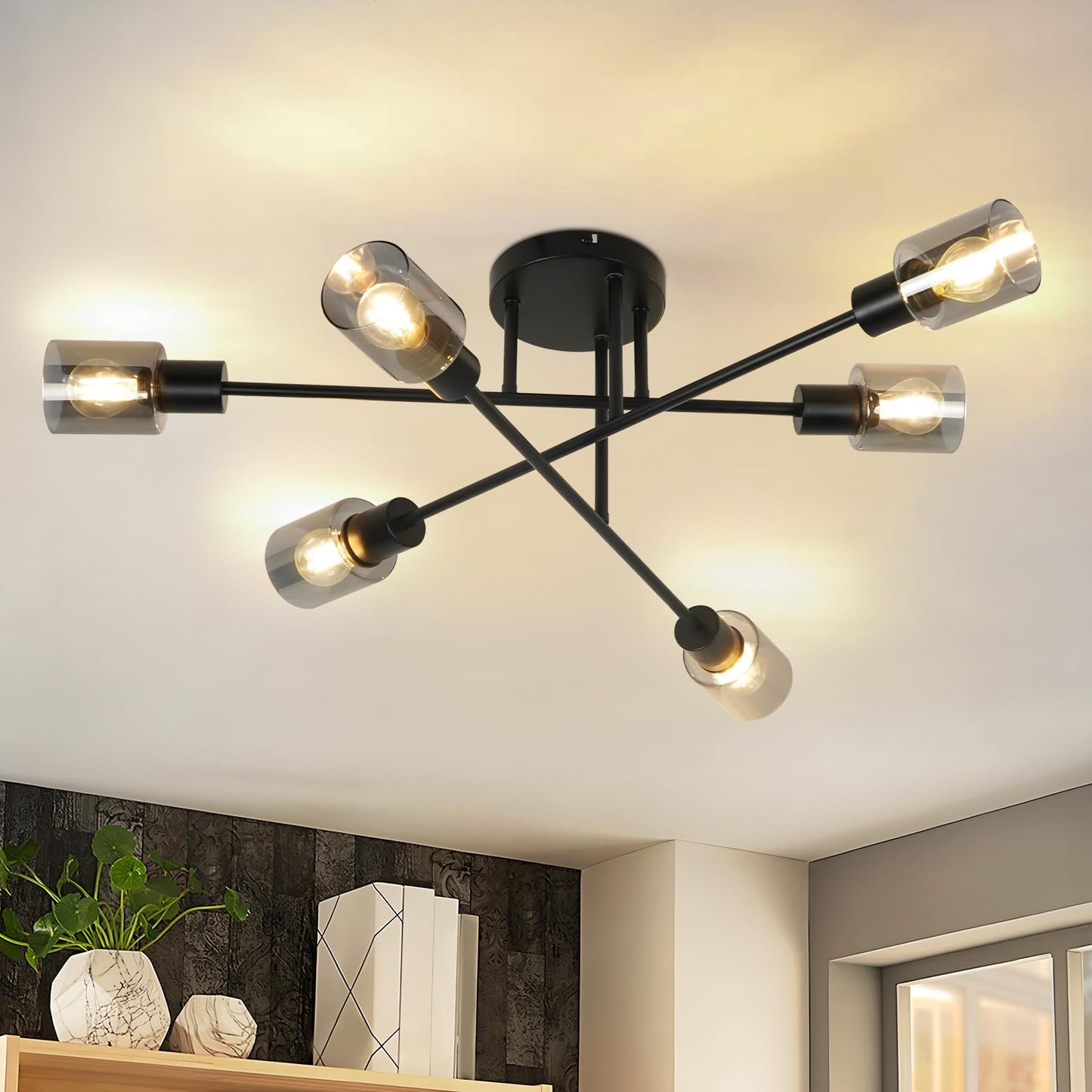 Kowanie Deckenlampe Vintage 6 flammig: Industrial Wohnzimmerlampe Schwarz Deckenleuchte Wohnzimmer retro Kronleuchter aus Glas Deckenbeleuchtung inkl. 6 × E14 2700K Leuchtmittel für Küche