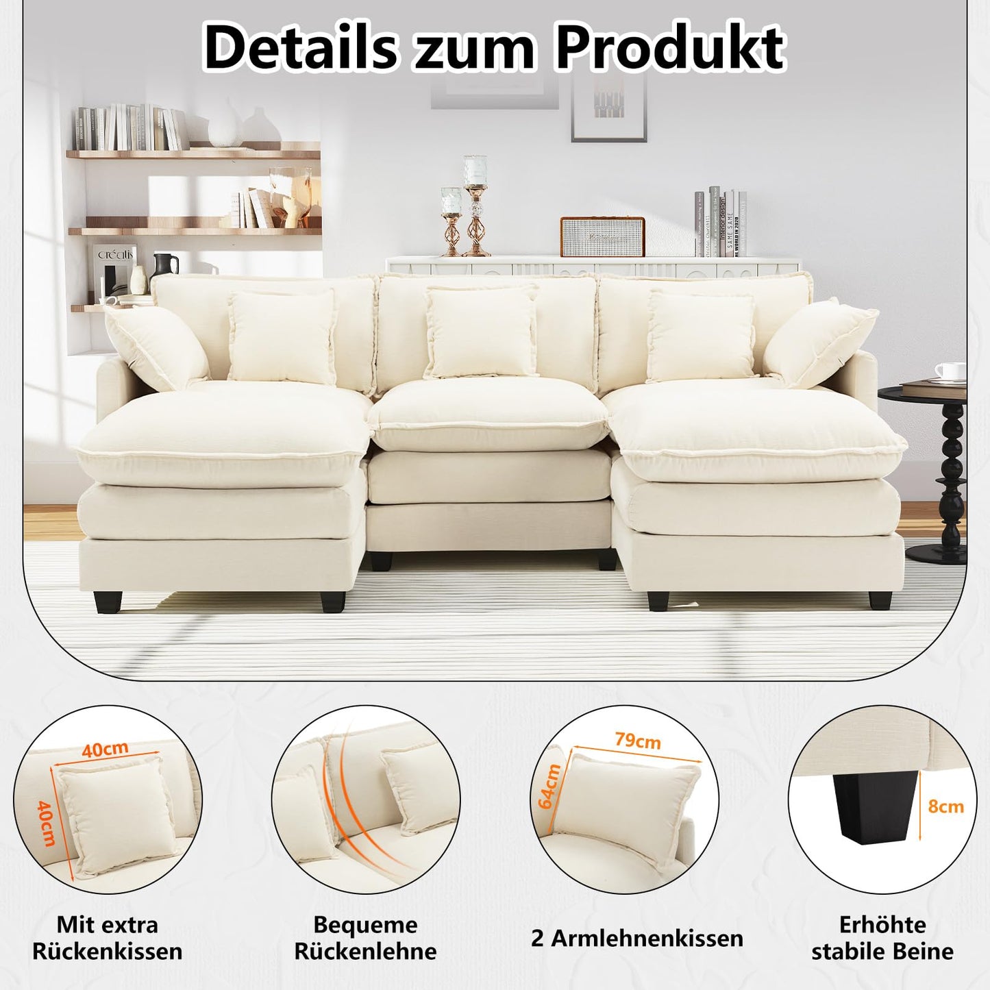 Urhanherry U-Shape Cloud Sofa, Modular Sectional Sofa, 6-Seater with 2 Ottomans, Modern Sofa with Decorative Cushions/Armrests, Breathable Chenille Fabric, U Sofa Couch for Living Room, Beige