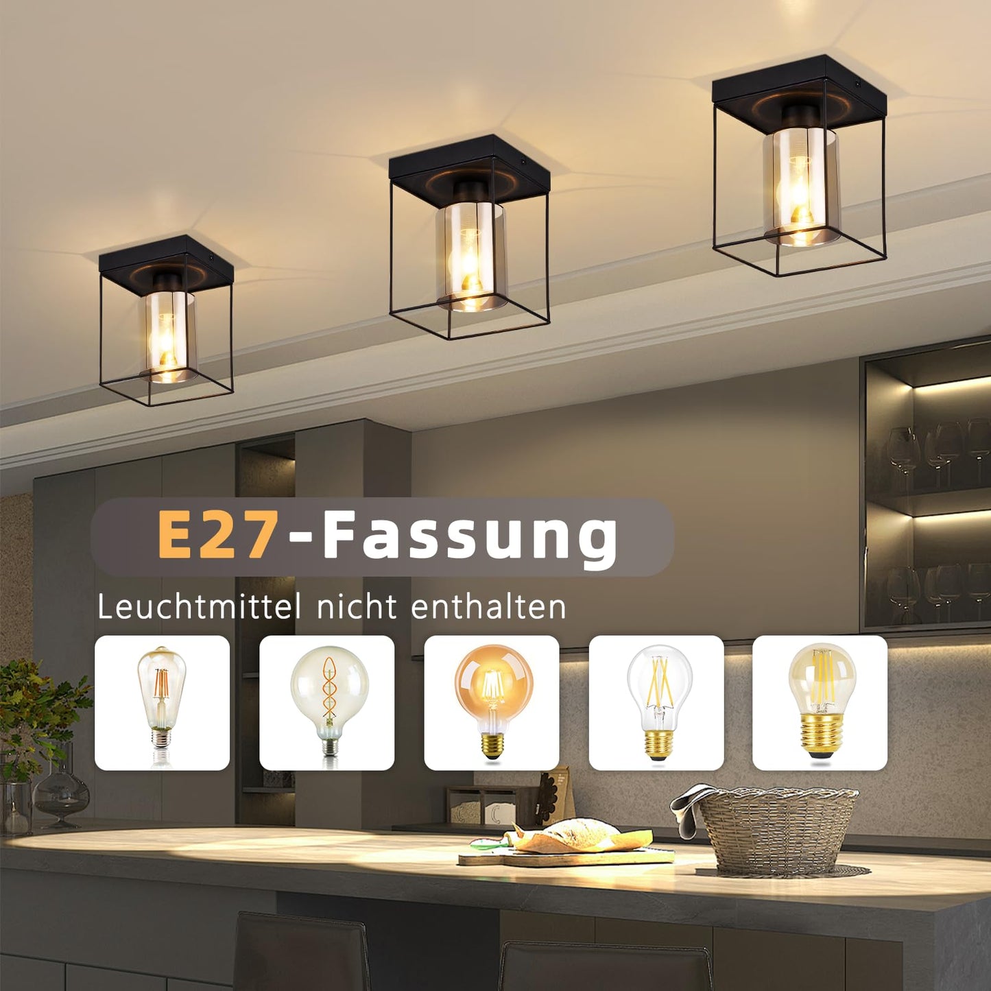 CBJKTX Ceiling Light Living Room Ceiling Light Glass - 4 Bulbs E27 Vintage Black Dining Room Lamp Industrial Style Metal Ceiling Retro Living Room Lamp for Bedroom Dining Room Kitchen (Light Bulb Not