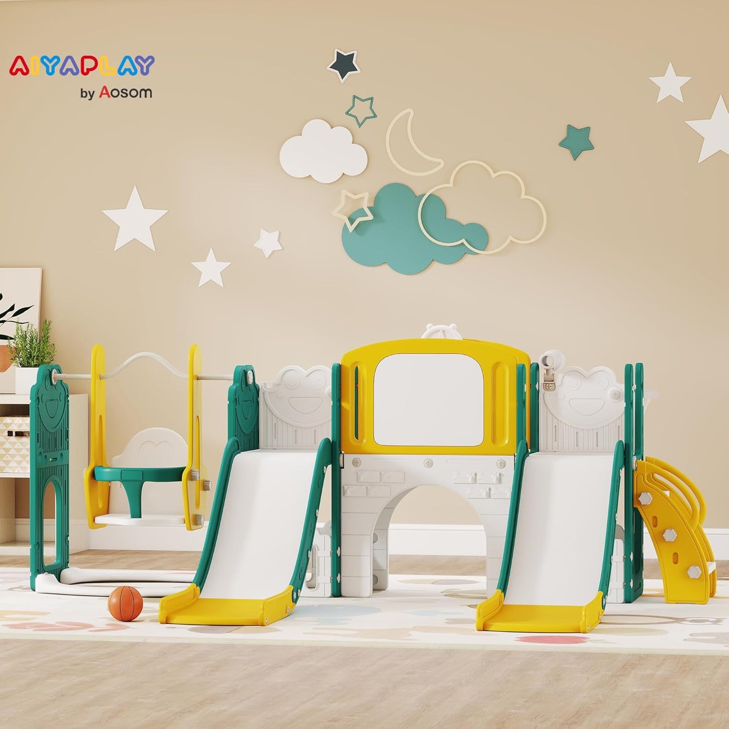 AIRPLAY Kinder Rutsche 9 in 1 Kleinkind Rutsche mit Basketballkorb, 2 Rutsche, Klettergerüst, Schaukel, Tunnel, Fernrohr, Reißbrett, Froschmotiv und Aufbewahrungsbox usw. Indoor Outdoor für 1-3 Jahre