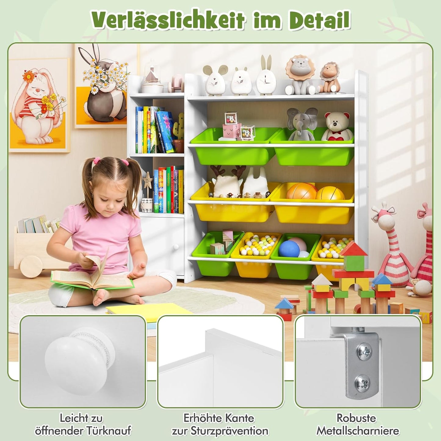 COSTWAY 4-stöckiges Kinderregal, Spielzeugregal mit 8 Aufbewahrungsboxen, 2 offenen Regalen & Schrank, Spielzeug-Organizer Bücherregal für Spielzimmer, Kindergarten, Kinderzimmer, 120 kg belastbar