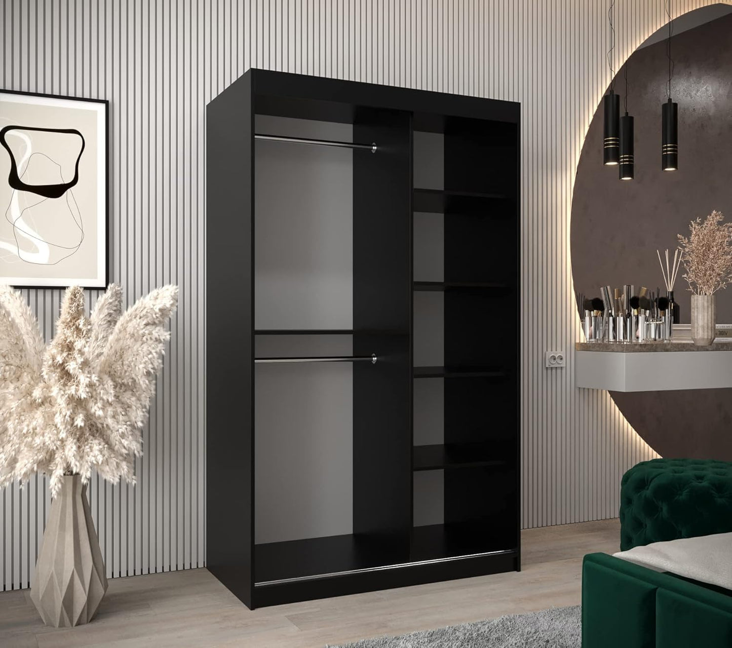 Kryspol Schwebetürenschrank York 250 cm Kleiderschrank mit Kleiderstange und Einlegeboden Schlafzimmer- Wohnzimmerschrank Schiebetüren Modern Design (Weiß)