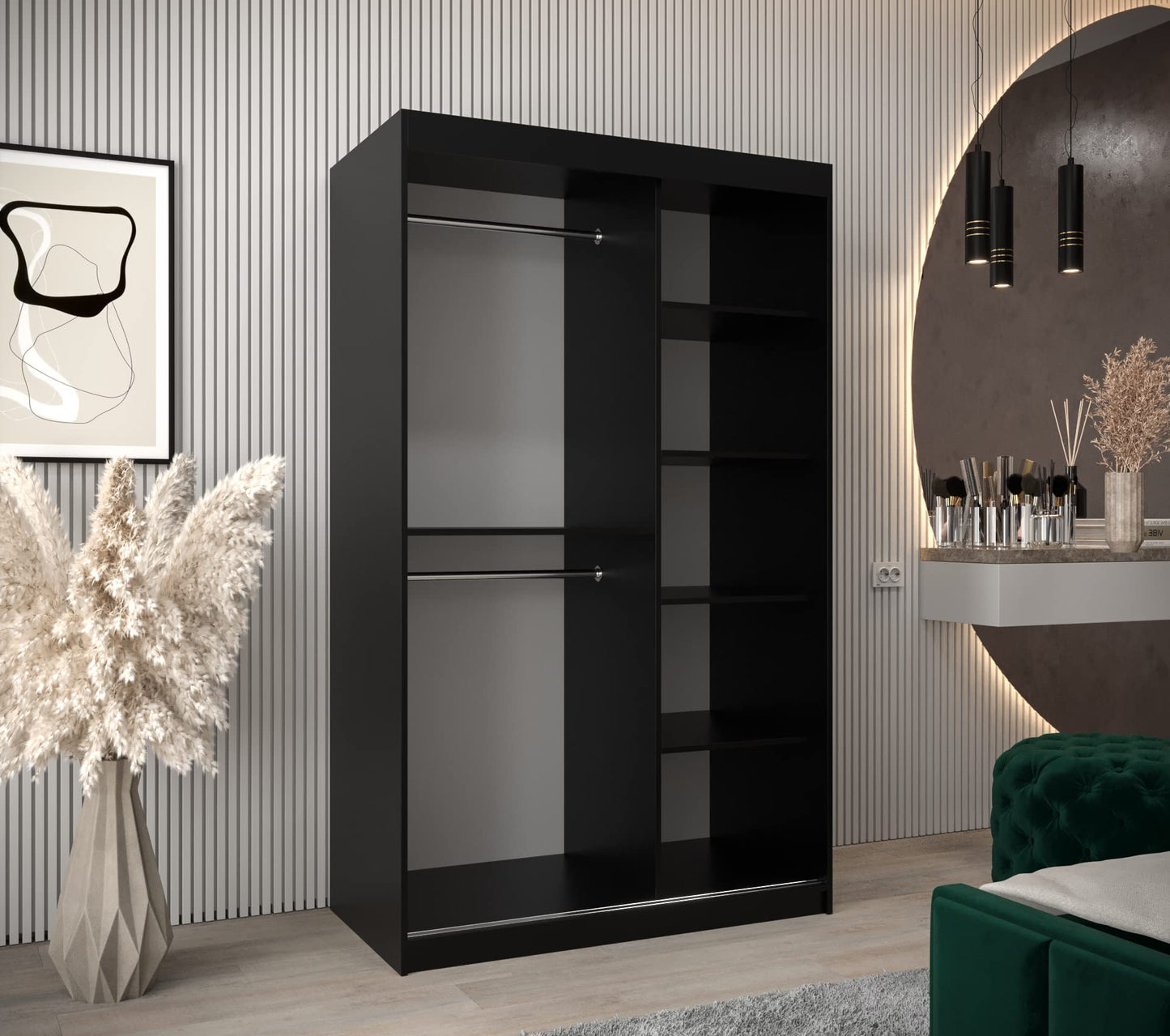 MEBLE KRYSPOL Dome 2 Schrank mit DREI Schiebetüren mit Spiegel, Stangen und Regalen - Aufbewahrungsschrank mit Rauchglas für Schlafzimmer, Wohnzimmer - 200x250x62cm - Schwarz, Schwarz, Schwarz