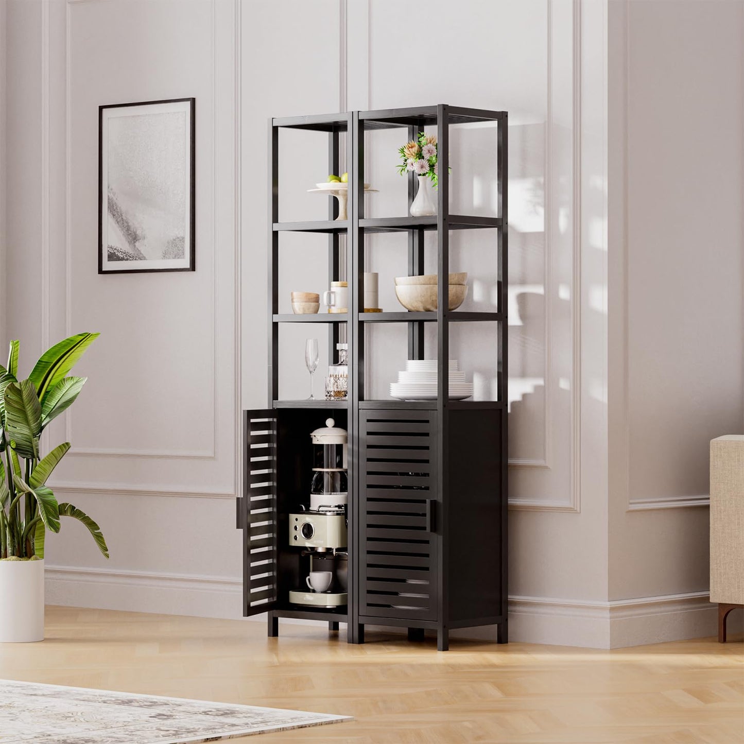 HITNET Bathroom Cabinet Bamboo Black Bathroom Cabinet Tall Cabinet Narrow Freestanding Floor Standing with Open Shelf and Single Door