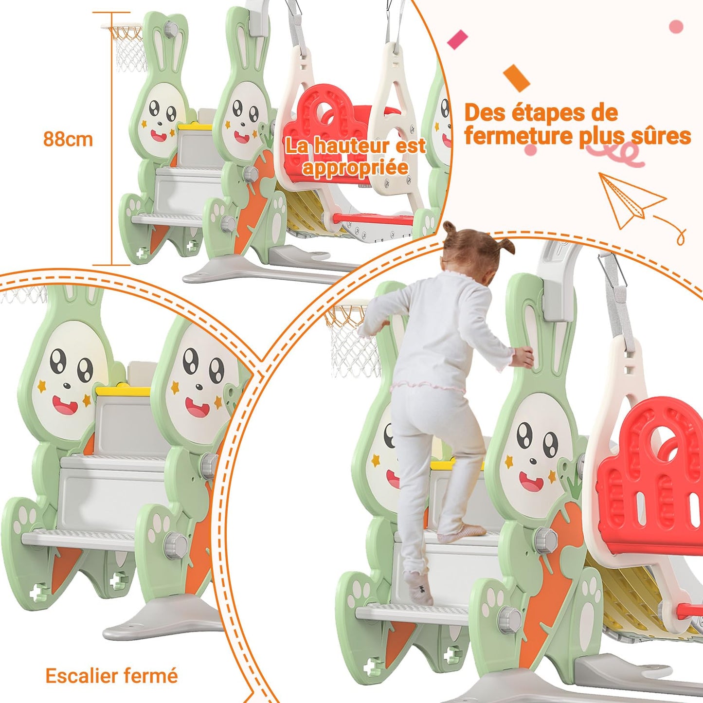 Kinderrutsche, Babyschaukel, 4 in 1, mit Schaukeln, Treppen, Gleiten, Basketballgestellen, Spielplatz für drinnen und draußen, multifunktionale Rutsche (Rosa, Kaninchen)