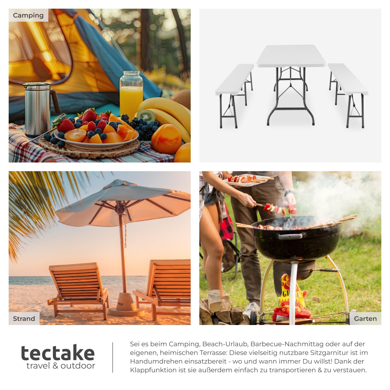 tectake® 3-teiliges Gartenmöbel Set, klappbarer Campingtisch mit 2X Bierbank, Balkonmöbel, Garten oder Terrassentisch Set, Bierzeltgarnitur, mit Tragegriffen, 180cm lang (weiß)