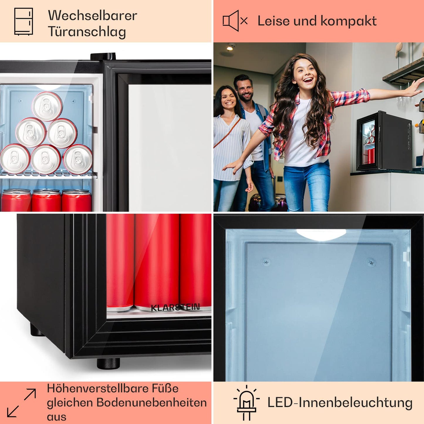 Klarstein Kühlschrank, Mini Kühlschrank mit Glastüre, Mini-Kühlschrank für Getränke, Snacks & Kosmetik, Kühlschrank Klein & Leise, Verstellbare Ablagen, Kleiner Skincare Kühlschrank 12-18°C, 23L
