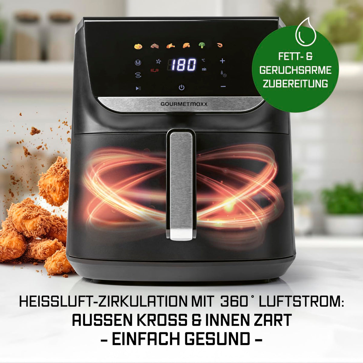 GOURMETmaxx Digitale Heißluftfritteuse 12 L, XXL-Edelstahl-Ofen | Airfryer + Timer, Touchdisplay, Drehspieß | fettarm, energiesparend frittieren | 10 Programme inkl. Pizza | 1800 W