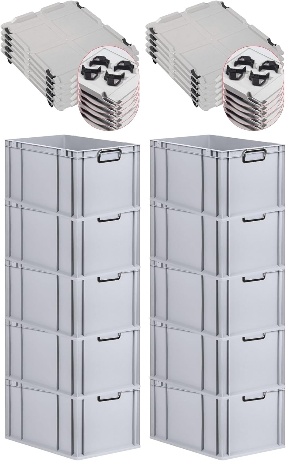 PROREGAL Economy Set of 5 Eurobox NextGen Colour with Lid and Sliding Snap Fasteners, H x W x D 22 x 30 x 40 cm, 20 L, Black, Closed Handles, Euro Container, Transport Box, Transport Container