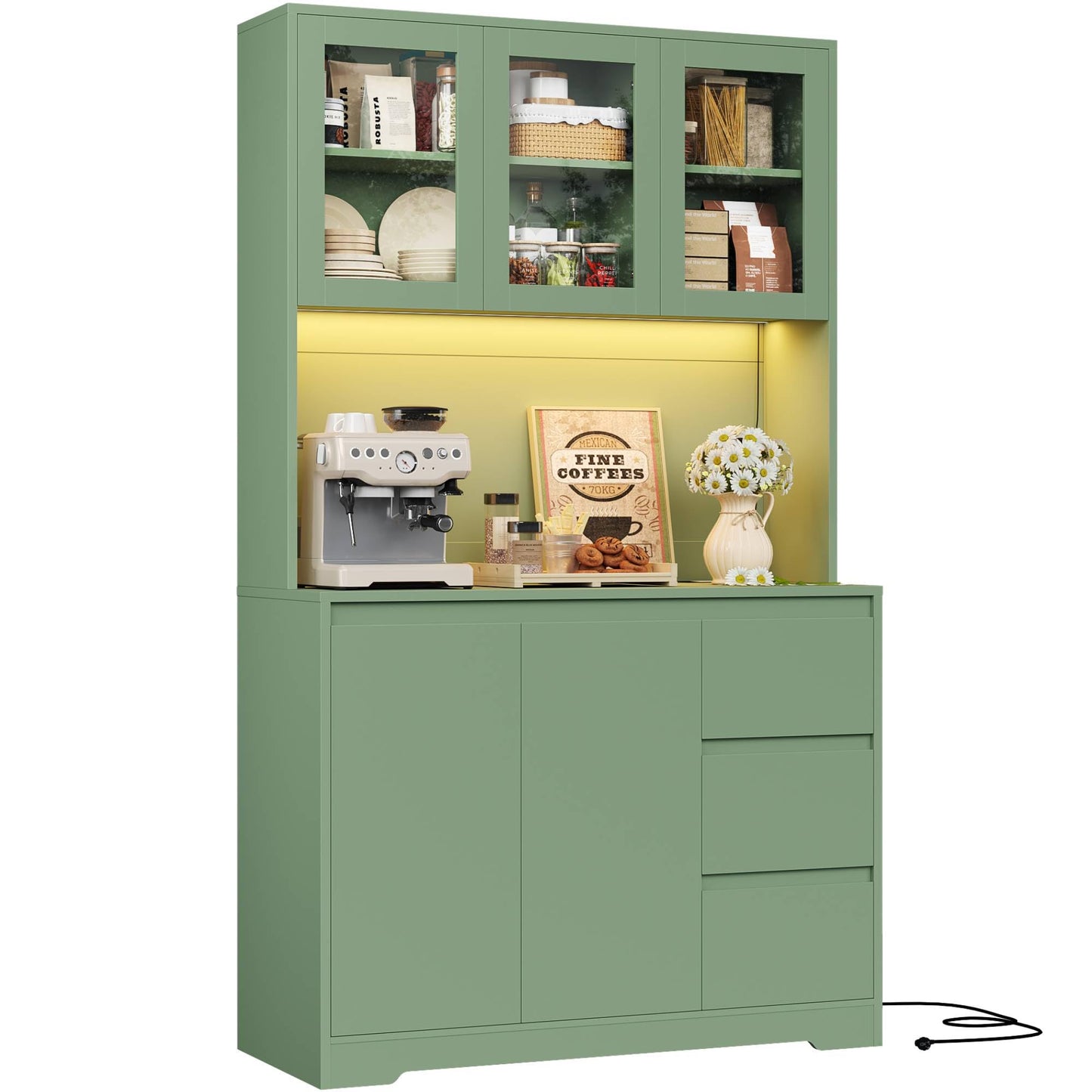 FirFurd Kitchen Cabinet Buffet Cabinet with LED Sideboard for Kitchen with Power Strip Kitchen Cabinet with Worktop and 3 Drawers Kitchen Buffet with Adjustable Shelf 180 x 100 x 38.5 cm (Black)