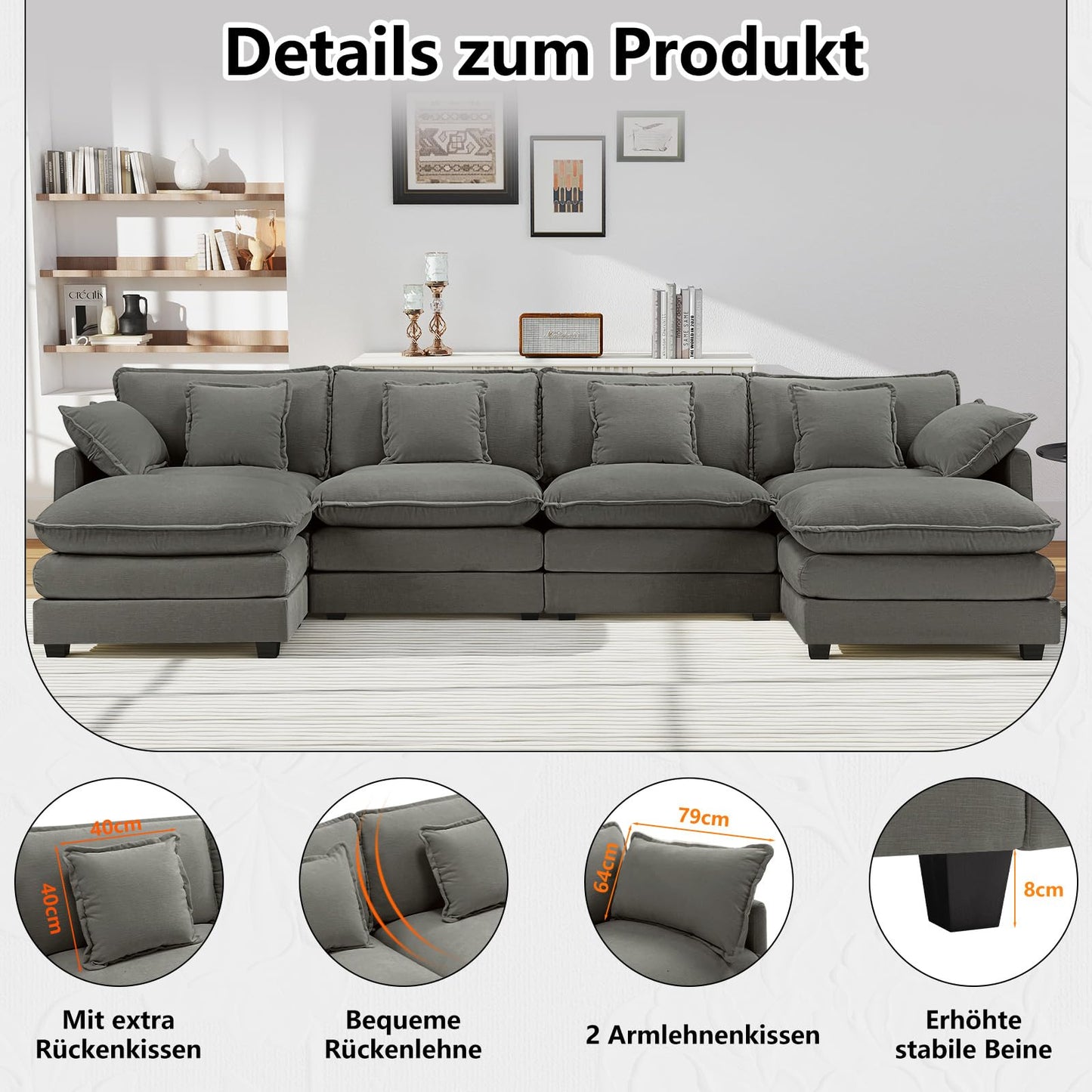 Urhanherry U-Shape Cloud Sofa, Modular Sectional Sofa, 6-Seater with 2 Ottomans, Modern Sofa with Decorative Cushions/Armrests, Breathable Chenille Fabric, U Sofa Couch for Living Room, Beige