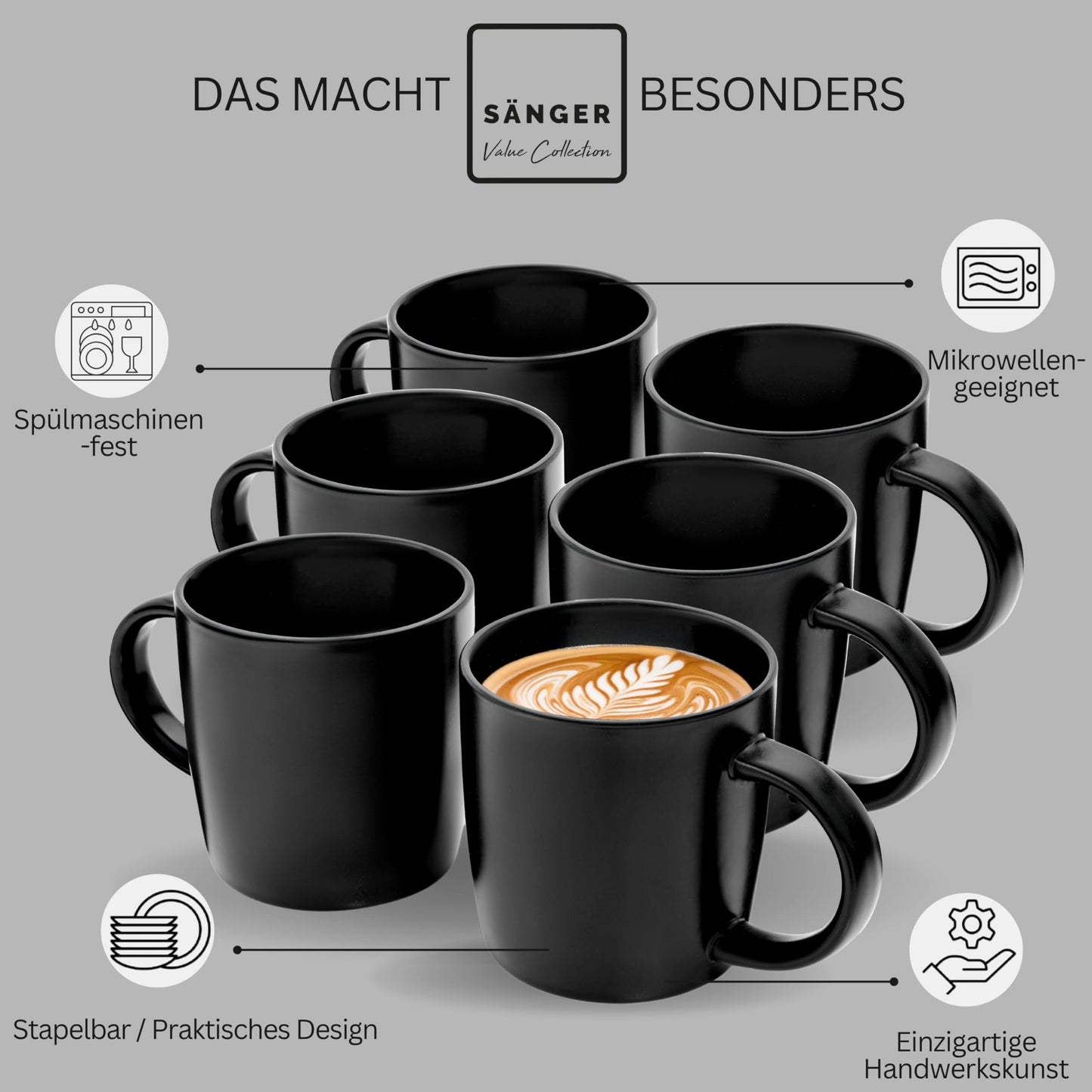 SÄNGER Madeira | Steingut Geschirr Set 18 tlg, Teller Set 6 Personen, Geschirrset 6x Speiseteller 6x Müslischalen 6x Dessertteller, Tafelservice schwarz kratzfest, Essgeschirr matt | VALUE COLLECTION