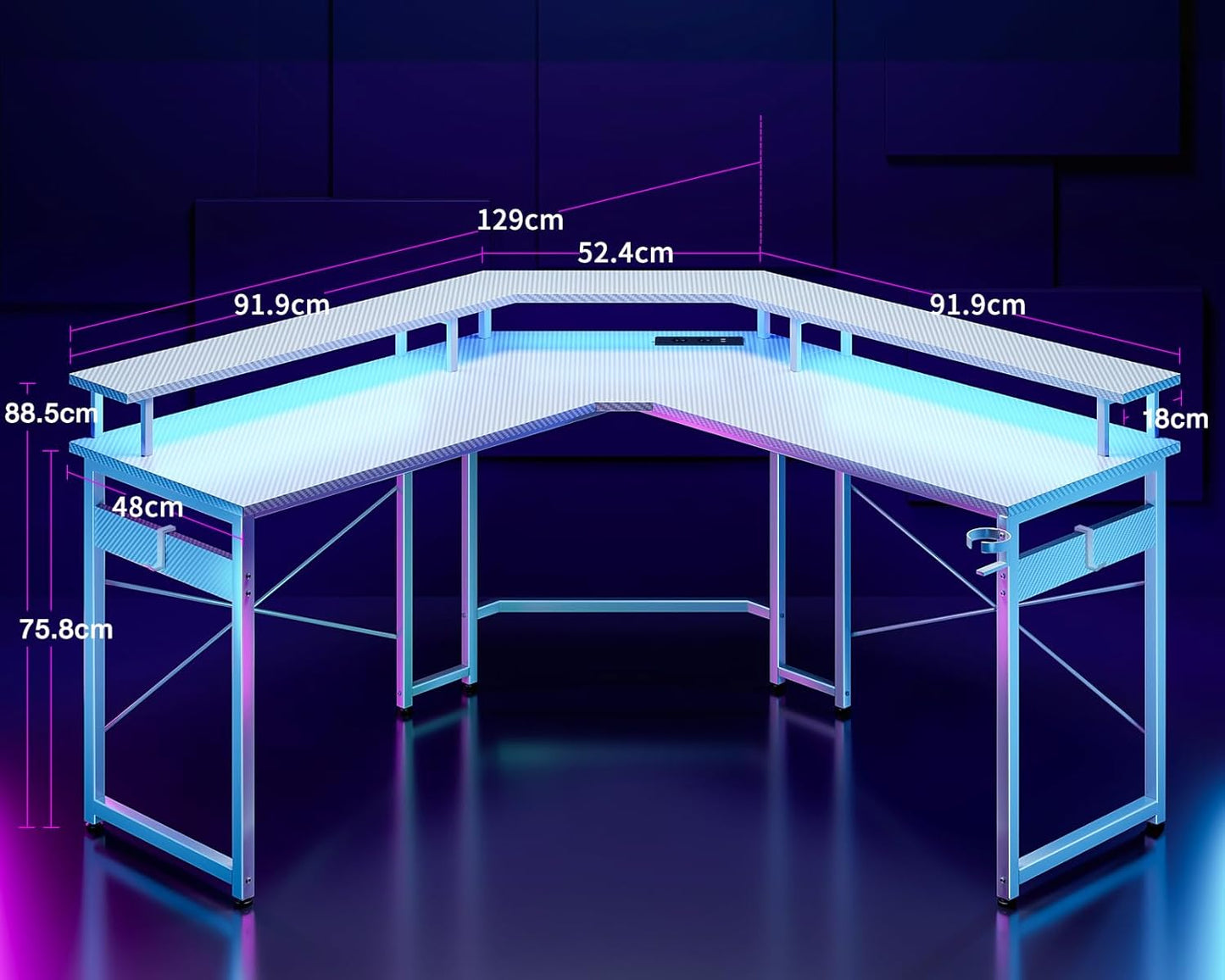 ODK Gaming Tisch mit LED, Gaming Schreibtisch mit 2 Steckdosen und 2 USB Ladeanschluss, PC Tisch Gaming mit großzügiger Monitorablage, Gamer Schreibtisch in Kohlefaser Weiß, 129x129 cm