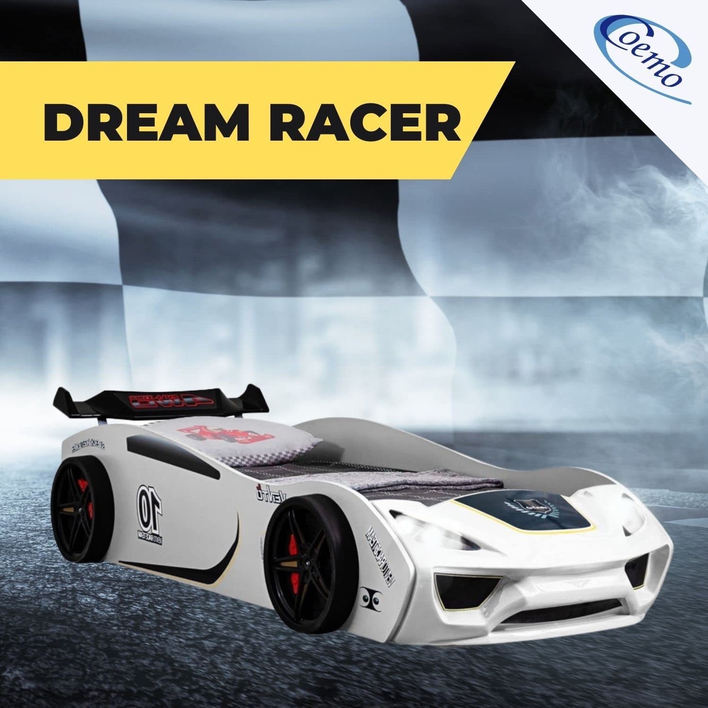 Coemo Dream Racer Children's Car Bed 90 x 200 cm in Racing Car Design with LED Lighting and Slatted Frame for Boys and Girls - Beds Colour White - Racing Bed