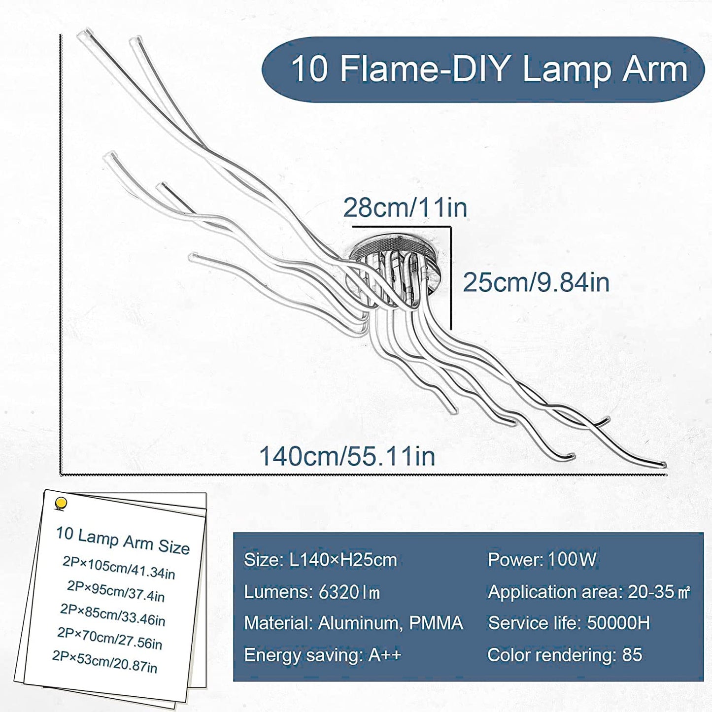 SHIANDAR Led Deckenleuchte Dimmbar,L140cm Wohnzimmerlampe 10-Flammige Deckenlampe Led Deckenleuchte Wohnzimmer mit Fernbedienung 3000K-6500K