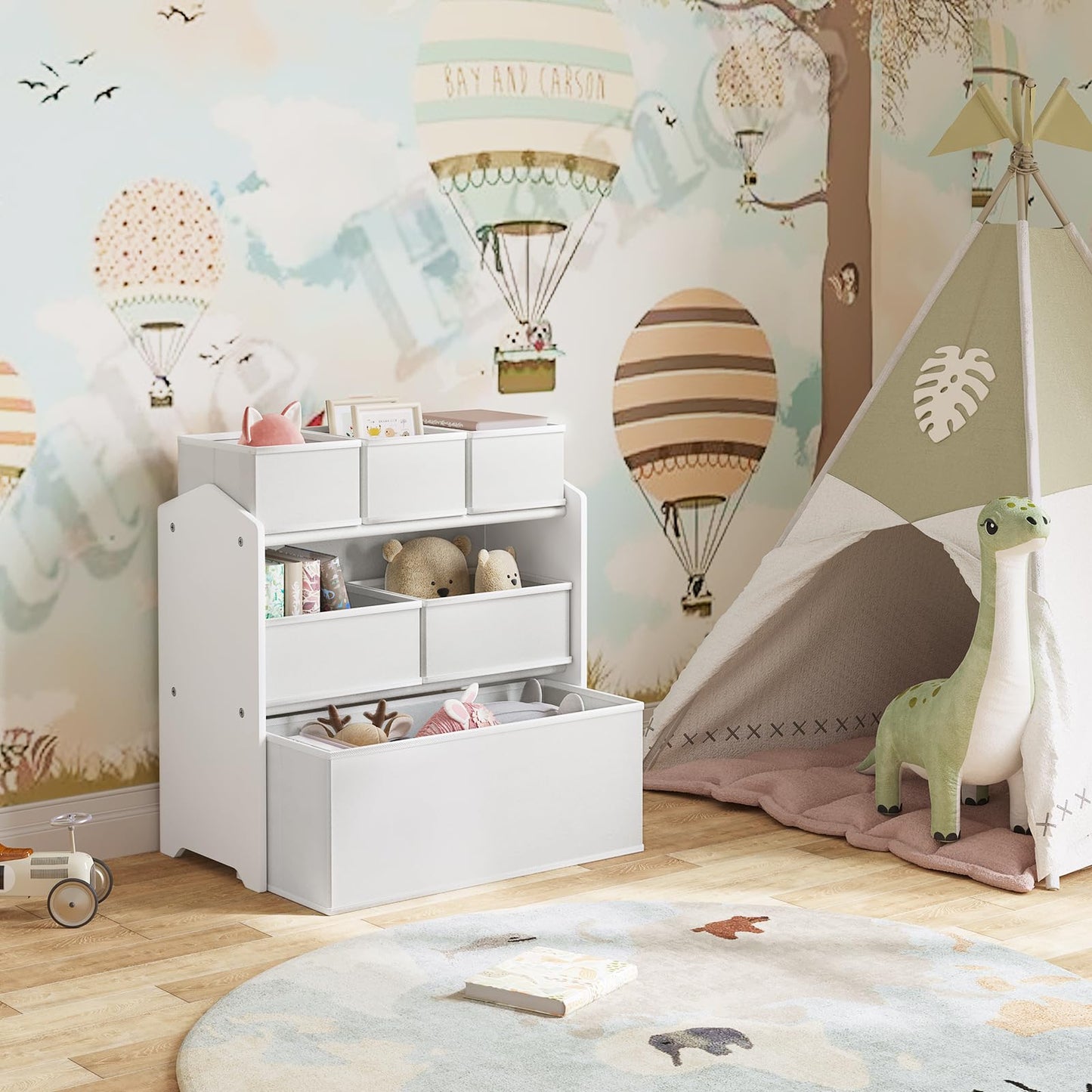Lestarain Kinderregal mit 9 Aufbewahrungsboxen, Spielzeugregal, Regal Kinderzimmer Spielzimmer, Kinderregal, 63x60x30 cm, Weiß
